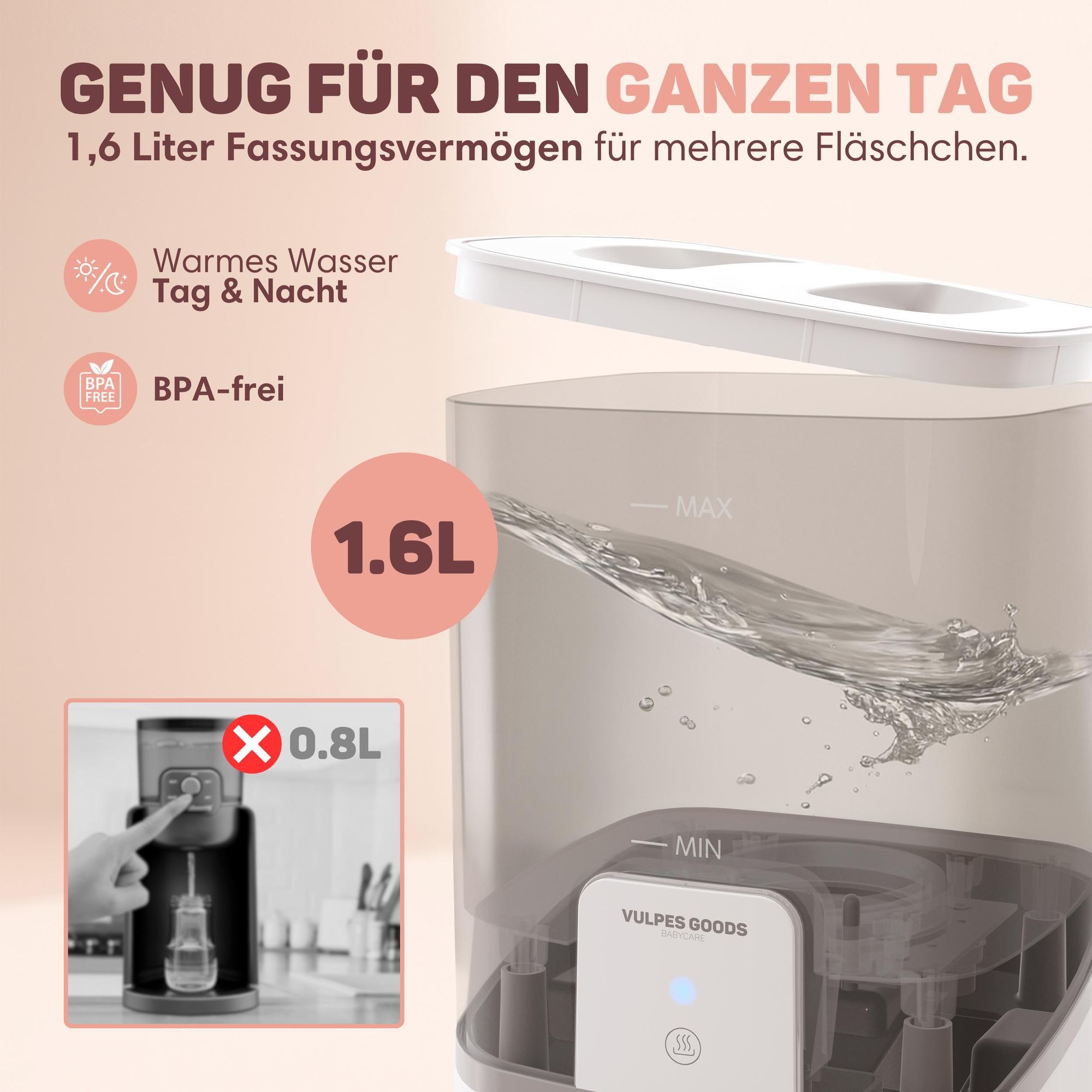 Heißwasserspender für Babyflaschen – Babyflaschen-Zubereiter Pro - 1,6L mit 3 Temperatureinstellungen | 200 W Warmwasserspender - Bottle Maker Pro