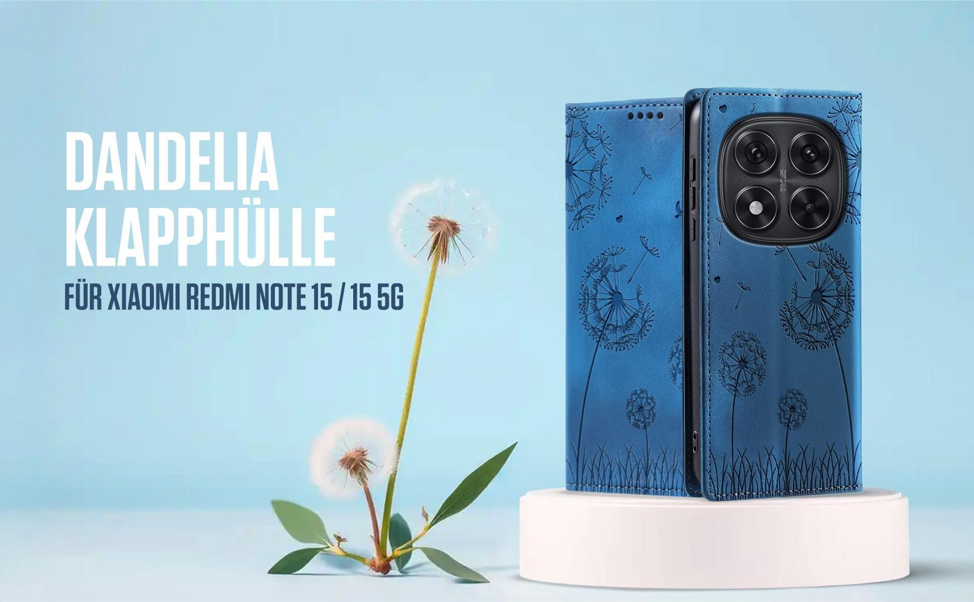 Blaue Klapphülle für Xiaomi Redmi Note 15 / 15 5G mit feiner Löwenzahn Prägung