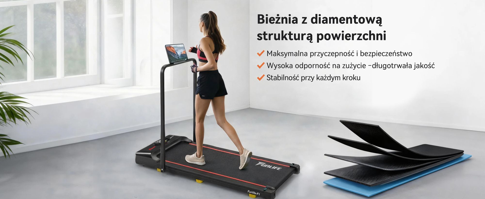 Bieżnia składana FunLife F1 (1-8 km/h) - Bieżnia 3 w 1 z uchwytem, wygodna, kompaktowa i cicha, odpowiednia do biurka, dla seniorów i do rehabilitacji, czerwona