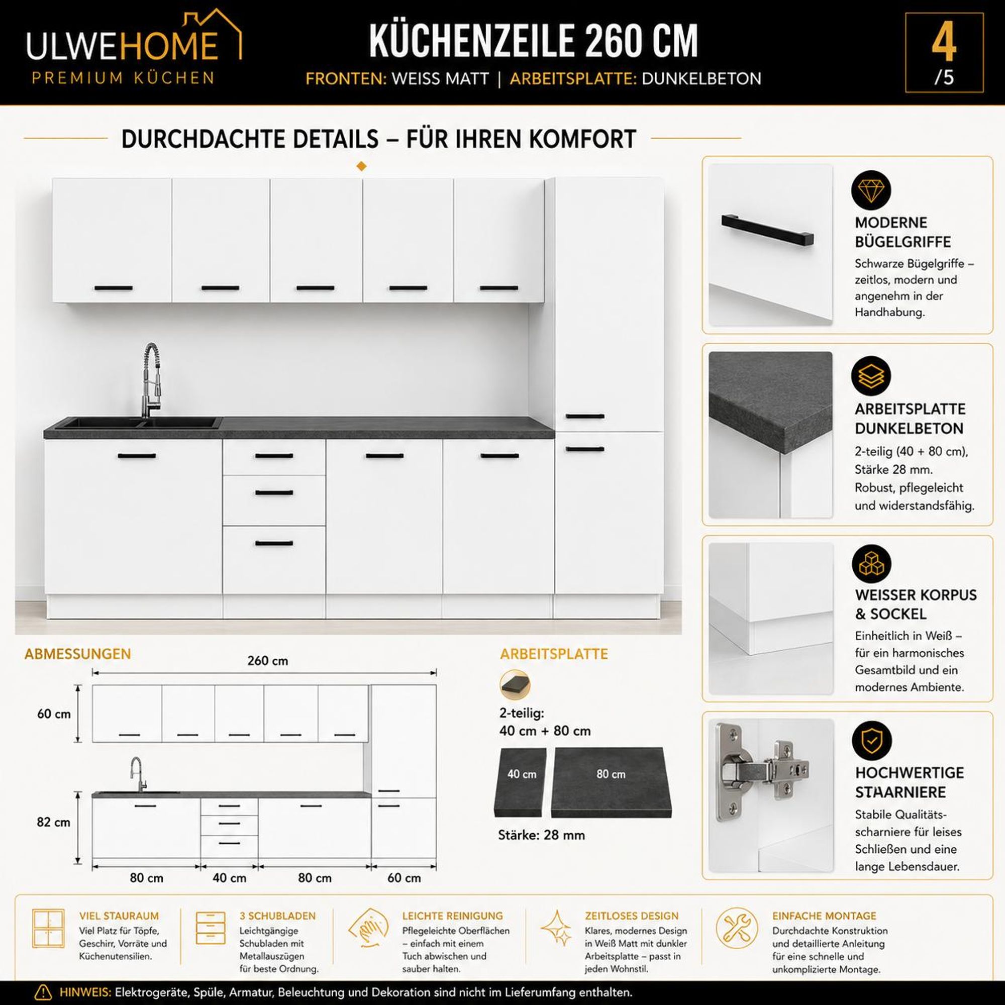 Küchenzeile Mattweiß: Details zu Arbeitsplatte, Korpus und Schubladen