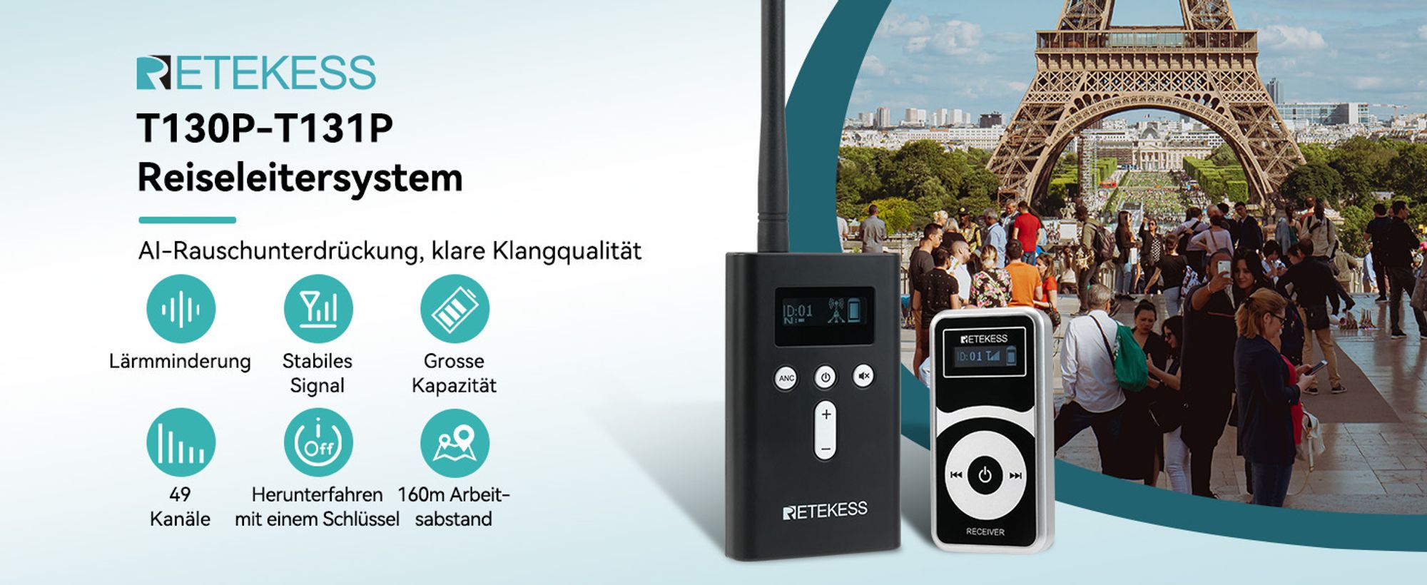 Retekess T130P Kabelloses Tour Guide System, T130 (3.0), Abgestufte Geräuschreduzierung, 160m, Audio Whisper System für Tourism Reisen, walkie talkie