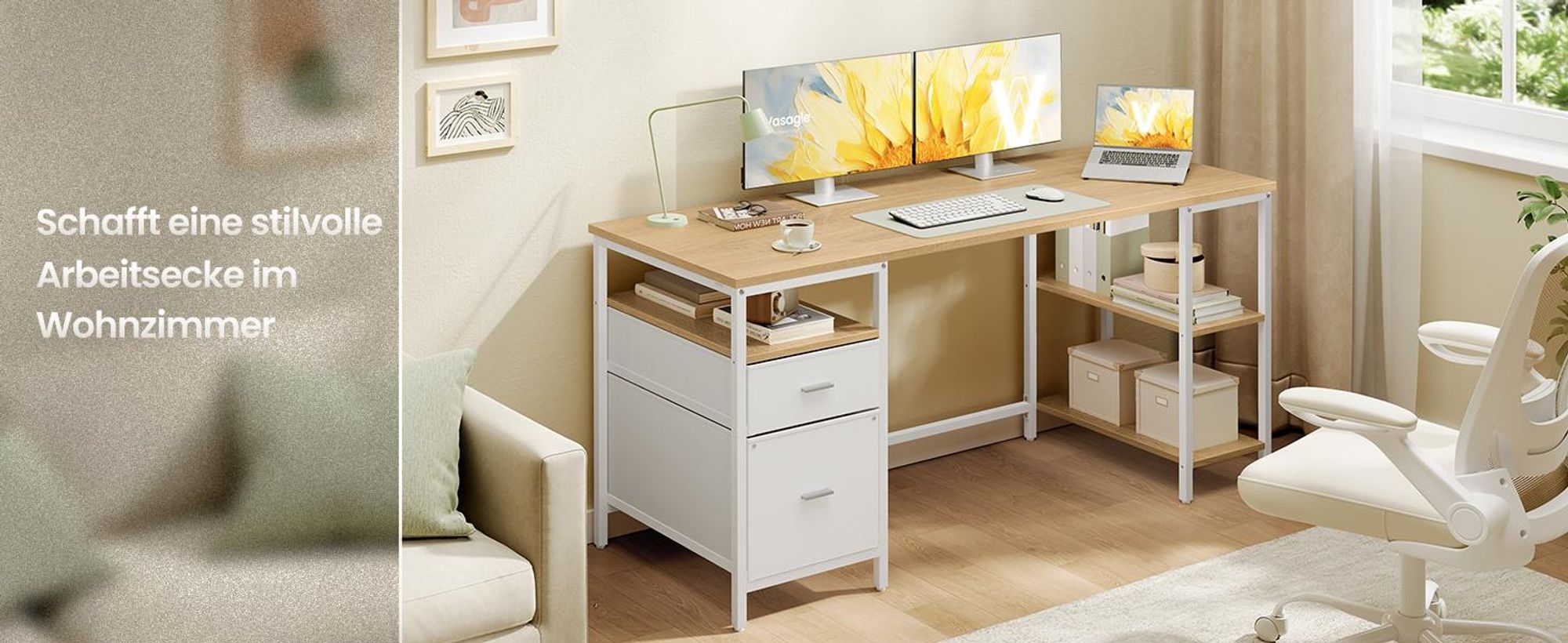 VASAGLE Schreibtisch mit 3 Ablagen, Bürotisch mit 2 Schubladen, 160 x 60 x 76 cm, moderner Stil, eichenfarben-weiß