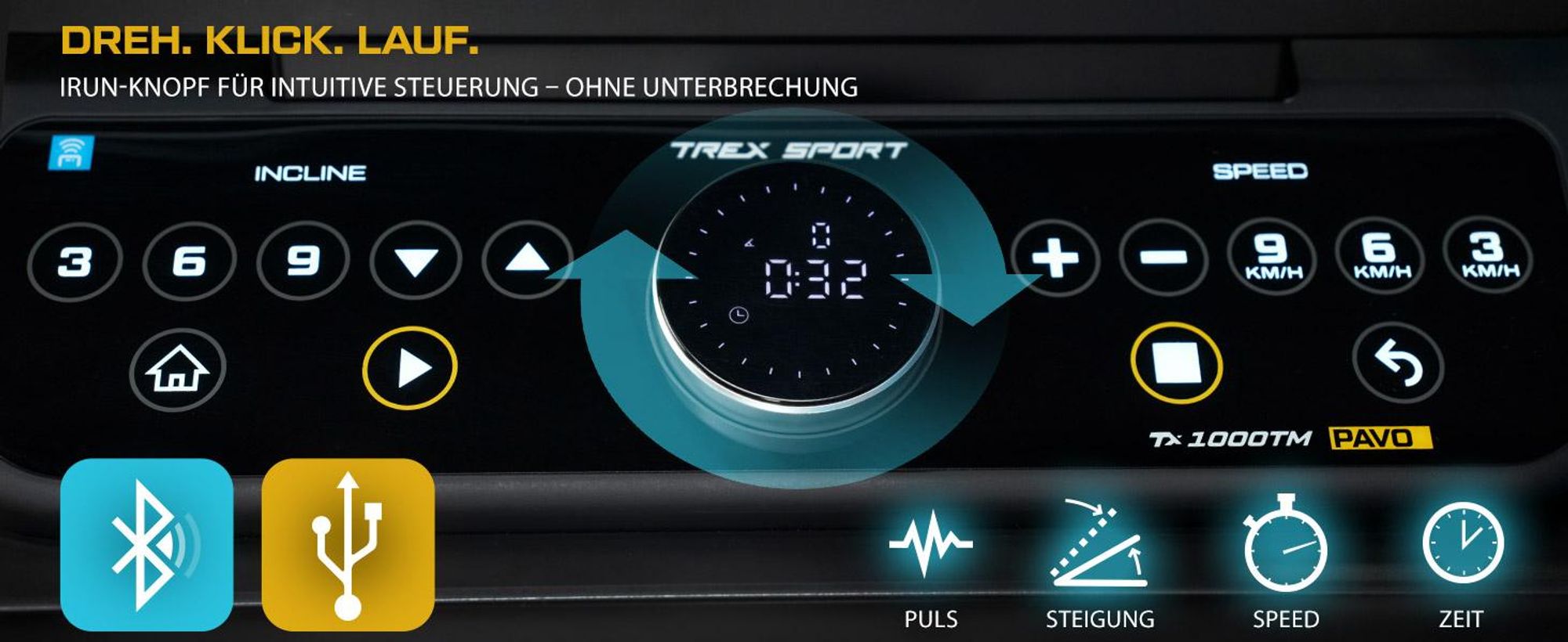 TREX SPORT Laufband für zuhause klappbar elektrisch TX-1000TM PAVO | Treadmill mit LCD-Touchscreen, bis 16 km/h, 24 Programme, 130 kg Benutzergewicht