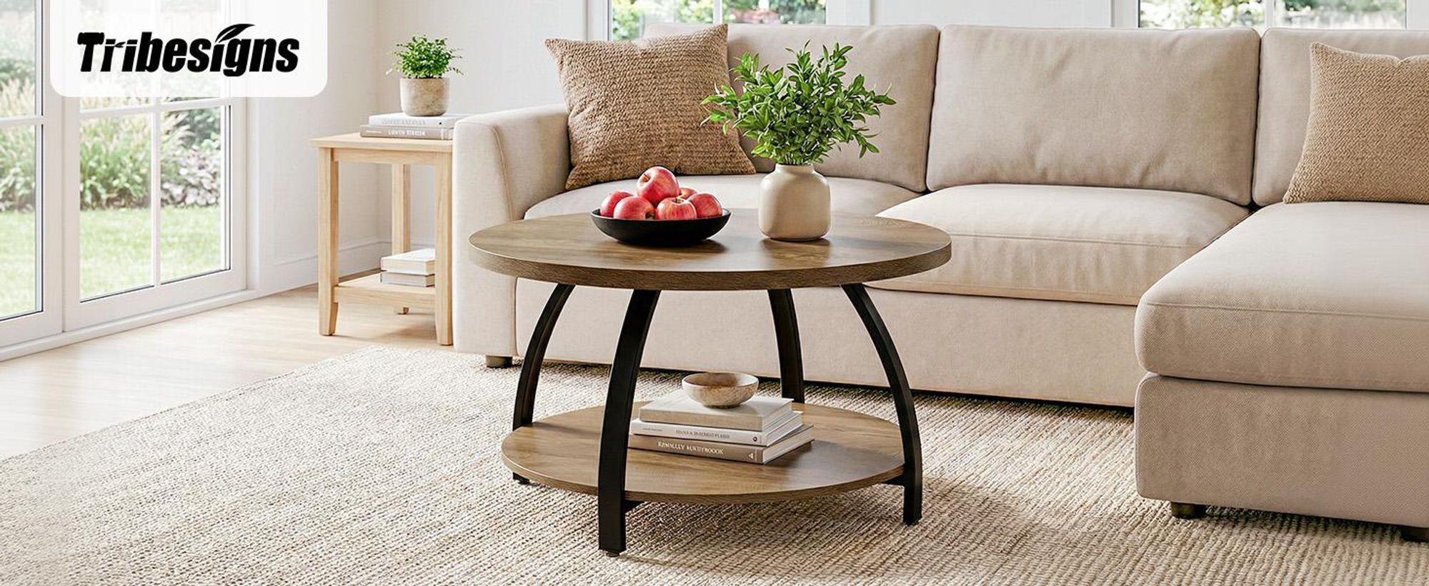 Couchtisch, 80 cm Beistelltisch, Doppelstöckiger Wohnzimmertisch, Runder Sofatisch mit Stauraum, für Zuhause, Wohnung, Büro