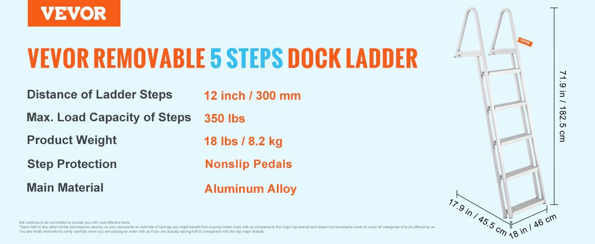 VEVOR Dockleiter, abnehmbare 4 Stufen, 350 lbs Tragfähigkeit, Aluminiumlegierung Pontonbootleiter mit 4'' breitem Schritt und rutschfestem Designpedal, einfach zu installieren für Schiff/See/Pool/Marine-Bord, 5 Schritte