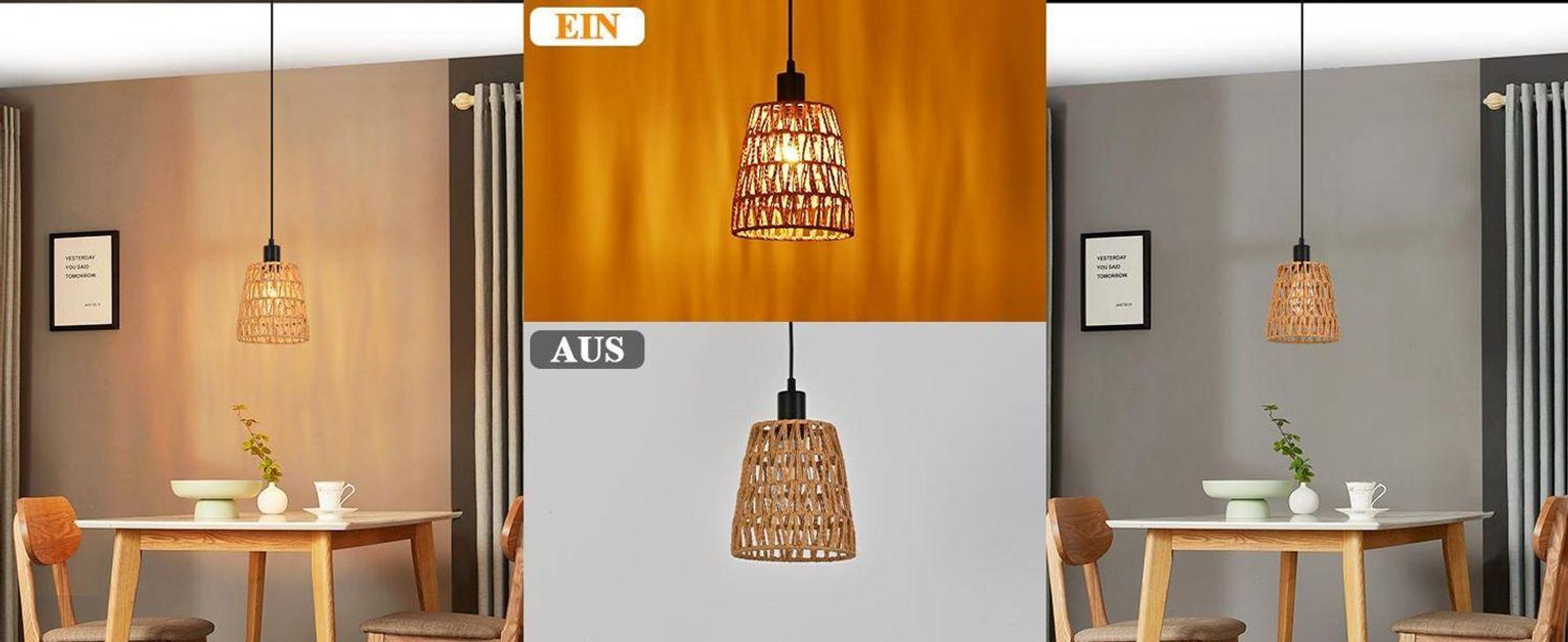 Lámpara colgante ZMH estilo boho, de ratán, con una luz, ideal para el comedor. Lámpara vintage, trenzada, con pantalla y cuerda de cáñamo. Lámpara colgante E27 para comedor