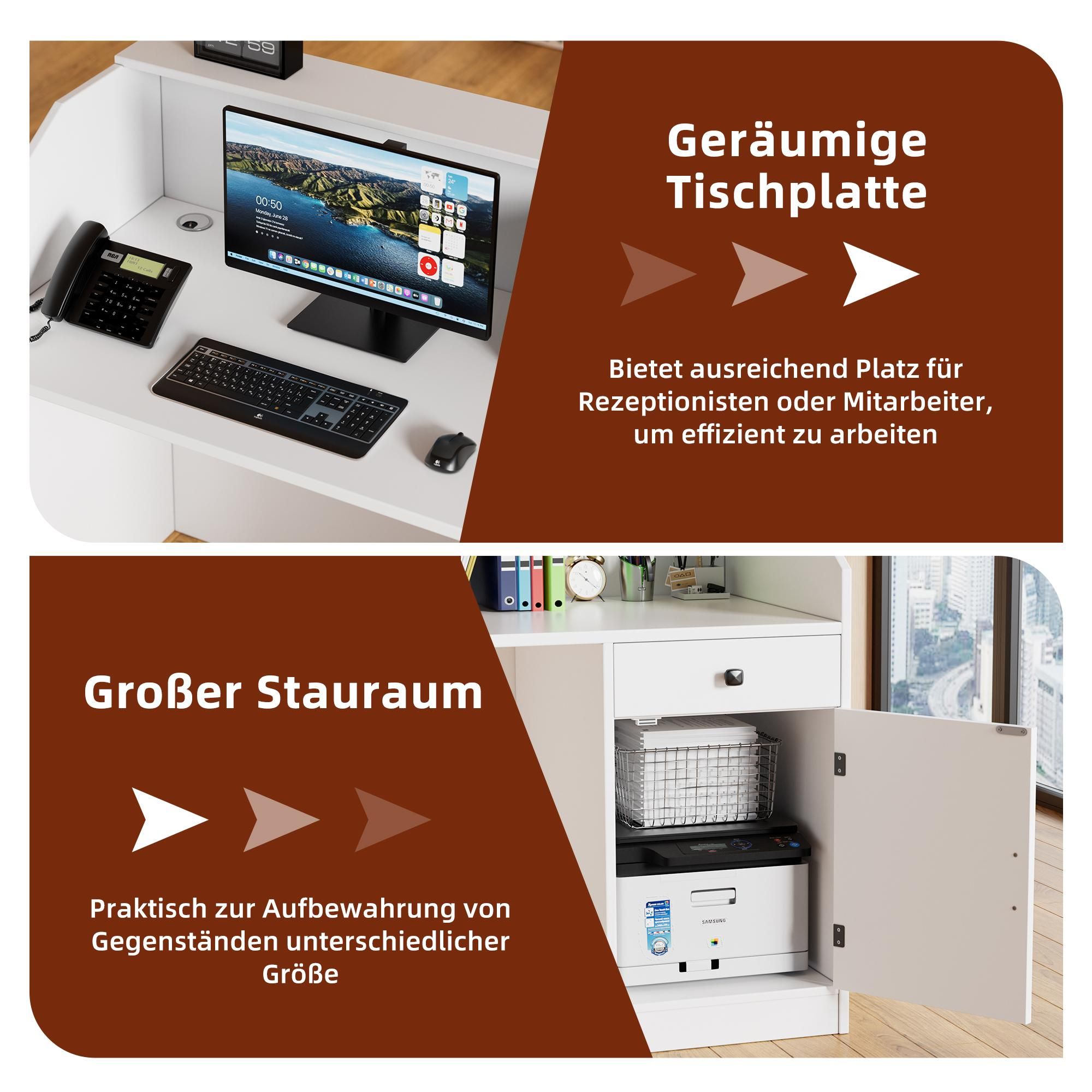 TWSOUL Empfangstheke mit LED-Beleuchtung,Rezeptionstresen mit Schublade & Stauraum Holz-Theke mit Ladestation, modern, 140 × 60 × 110 cm
