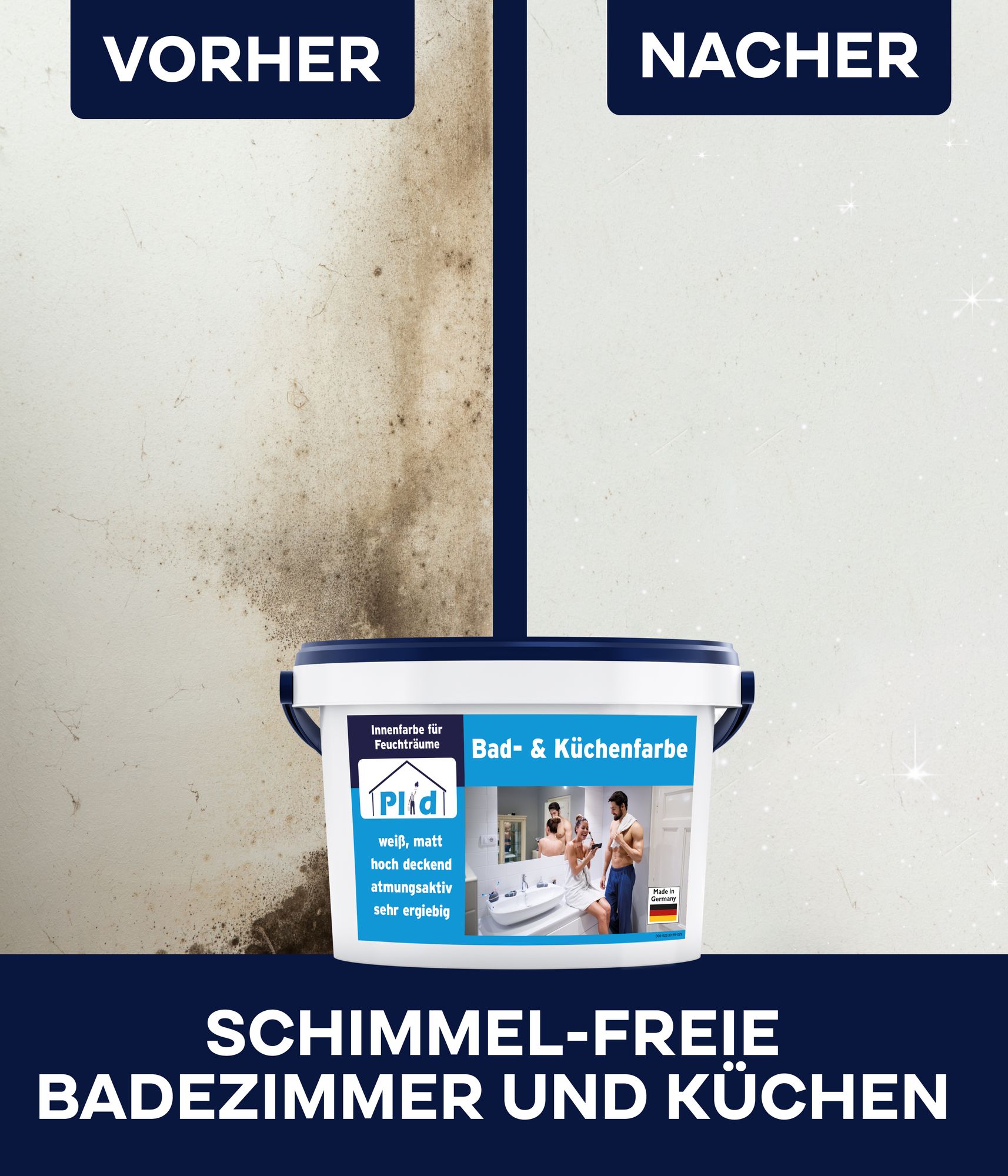Plid Bad- & Küchenfarbe Weiß Matt 5L mit Anstreichset – Für ca. 30m² – Feuchtraumfarbe, Badfarbe, Küchenfarbe – Hochdeckende Innenfarbe für Küche & Ba