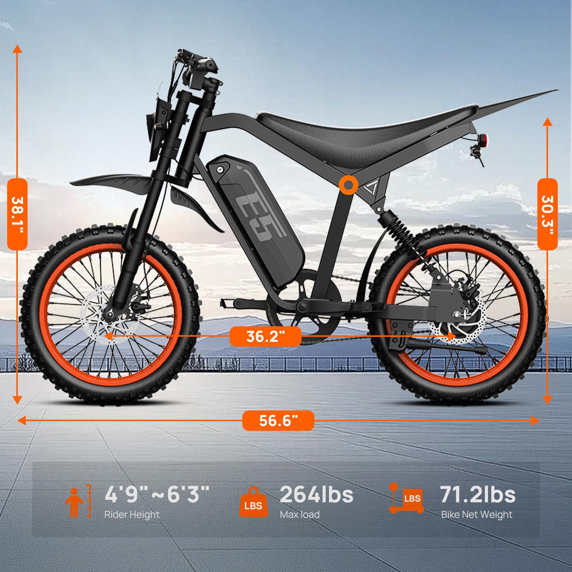Bici elettrica TIETIE E5 48V20Ah 80km 14x3.0" Colore Nero arancione