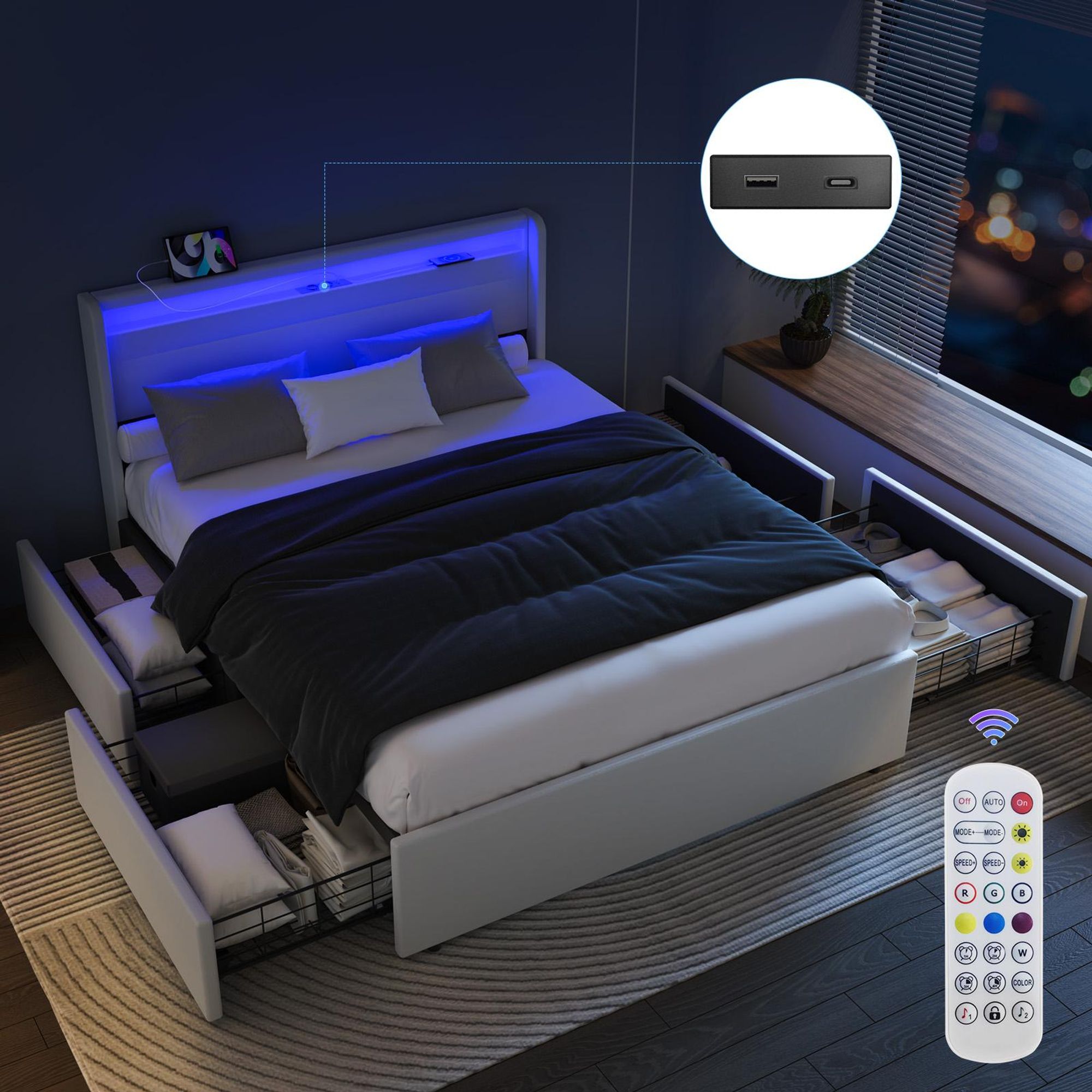 OYAJIA 140 cm x 200 cm Polsterbett LED-Beleuchtung Doppelbett mit Ladefunktion (USB&Typ-c),und 4 Schubladen,Jugendbett Bettgestll