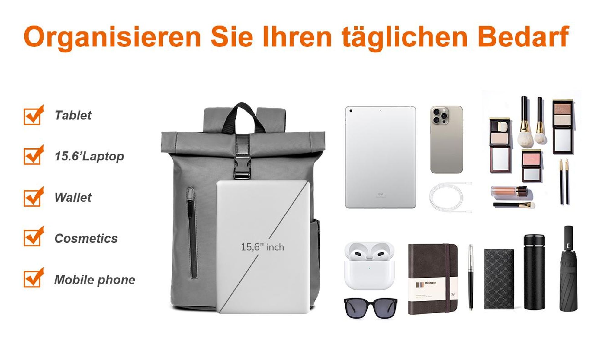 7MAGIC RollTop Rucksack 20L-25L, Laptoptasche 15,6 Zoll Groß Kapazität Daypack, Schulrucksack Backpack Fahrradrucksack Freizeitrucksack für Uni Schule Reisen Job, Grau