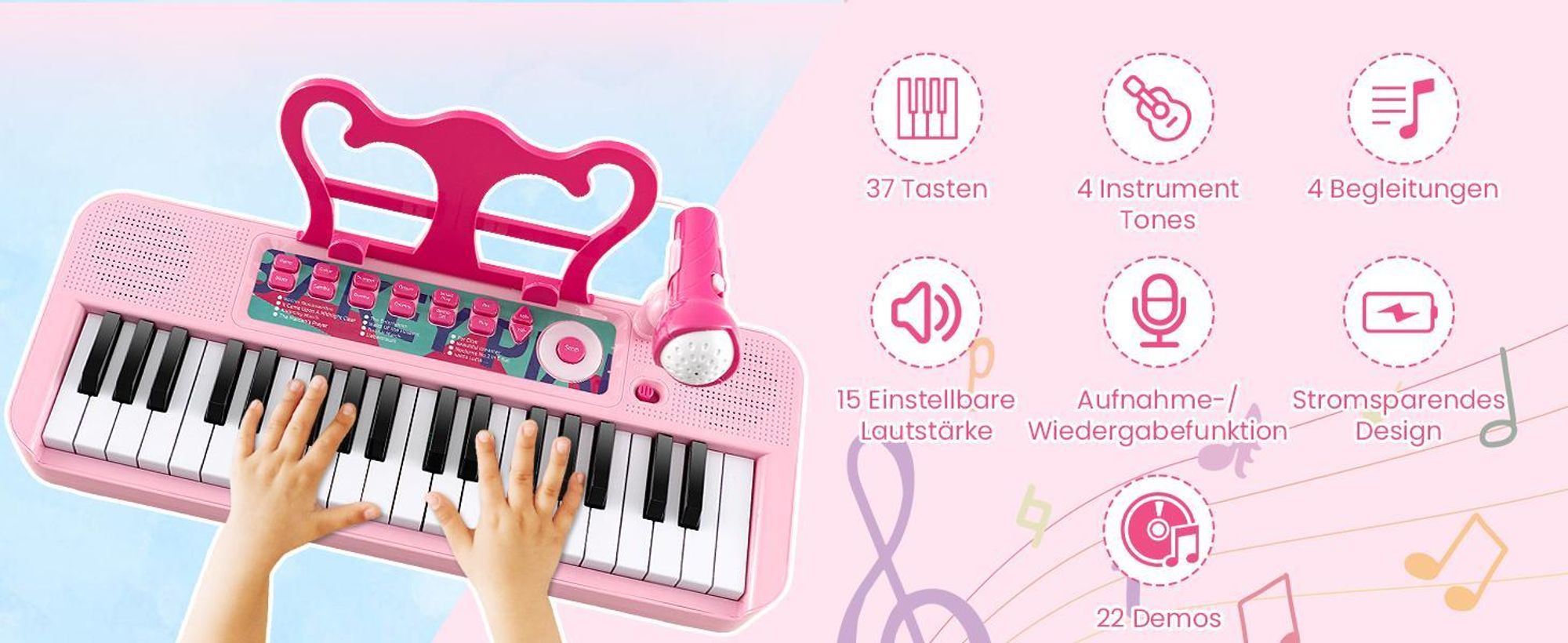 Kinder Keyboard, 37 Tasten E-Piano mit Notenständer & Mikrofon & Hocker, Klavier Spielzeug für Kinder ab 3 Jahren, Belastbar bis 50kg (Blau)