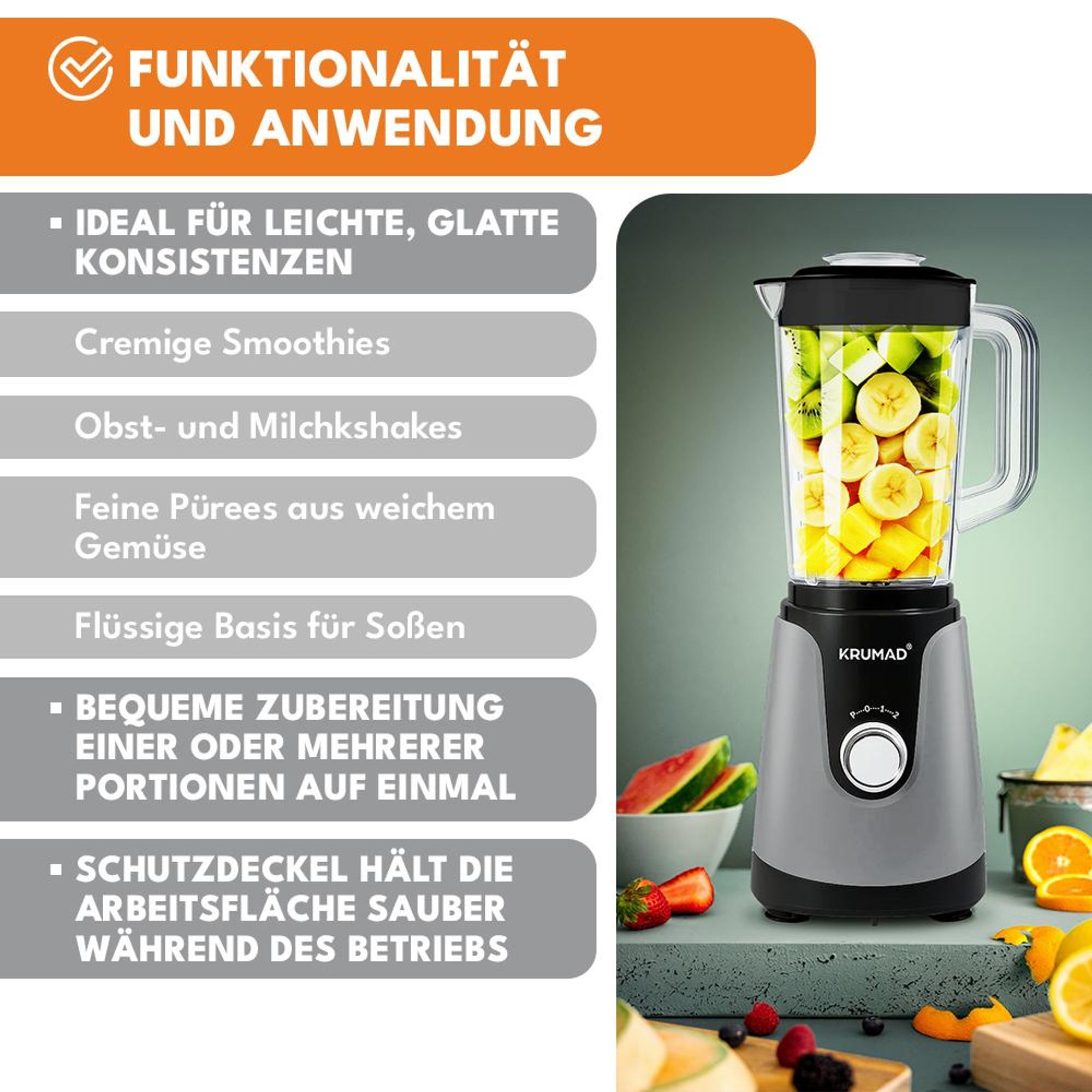 KRUMAD Standmixer 1200W - Hochleistungsmixer mit 1,2L Tritan-Behälter, Edelstahlklingen & Pulsfunktion - Smoothie Maker für Shakes, Suppen