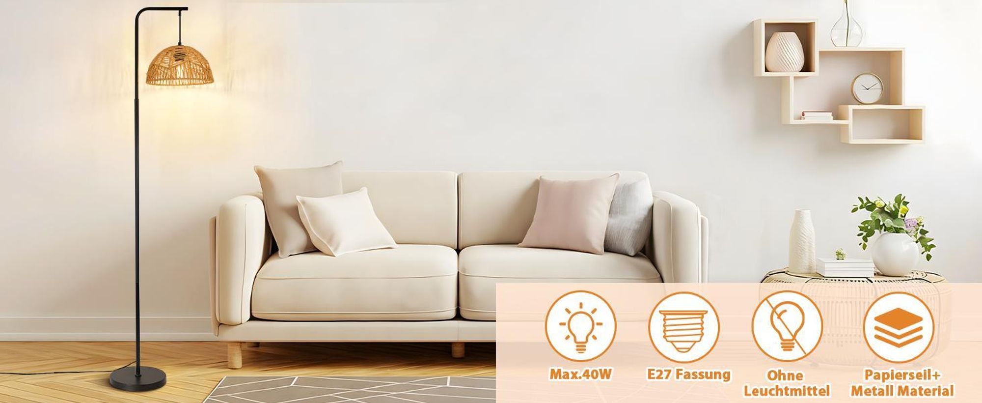 ZMH Stojací lampa Boho, stojací lampa do obývacího pokoje, lampa s provazovým stínidlem, černá, s nožním spínačem, E27, výška 164 cm, do ložnice a jídelny