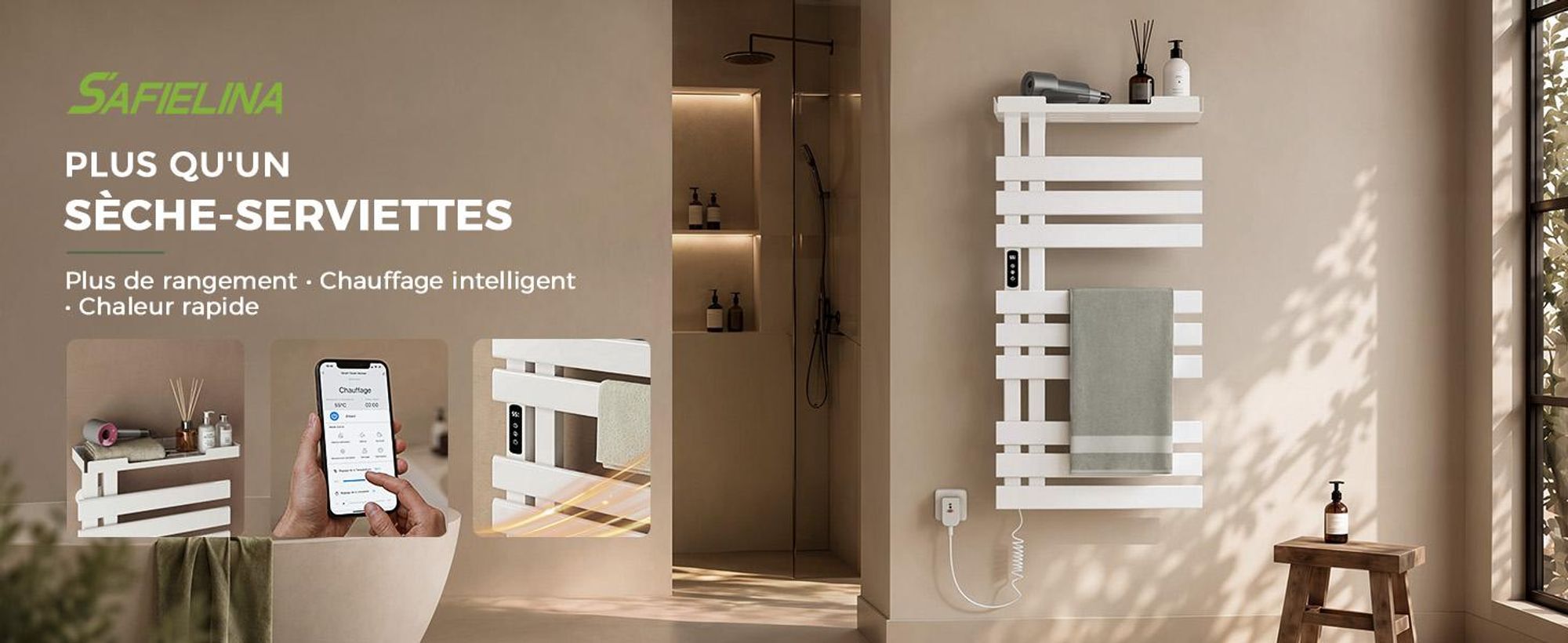 S'AFIELINA Sèche-serviettes électrique avec étagère 1050×500 mm 335 W Blanc,Radiateur sèche-serviettes connecté WiFi, chauffage en fibre de carbone