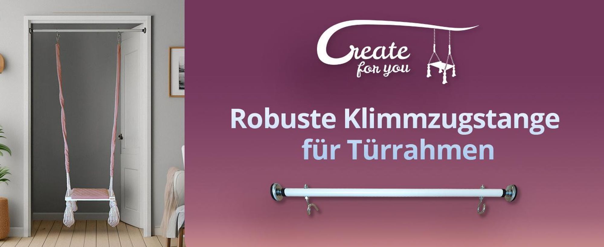 Create for you® - Klimmzugstange, für Türrahmen, mit Haken für Kinderschaukel - Fitnessgeräte für Zuhause - Montage ohne Bohren, Weiß -  90cm