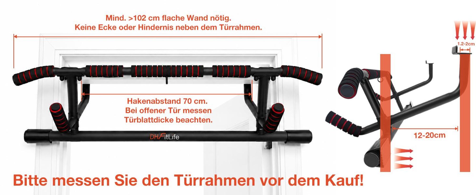 DH FitLife Klimmzugstange Türrahmen ohne Schrauben | Pull up bar Doorway | Reckstange Turnstange Türreck zum Einhängen | inkl. Schlingentrainer | Für Türrahmen 70-92cm