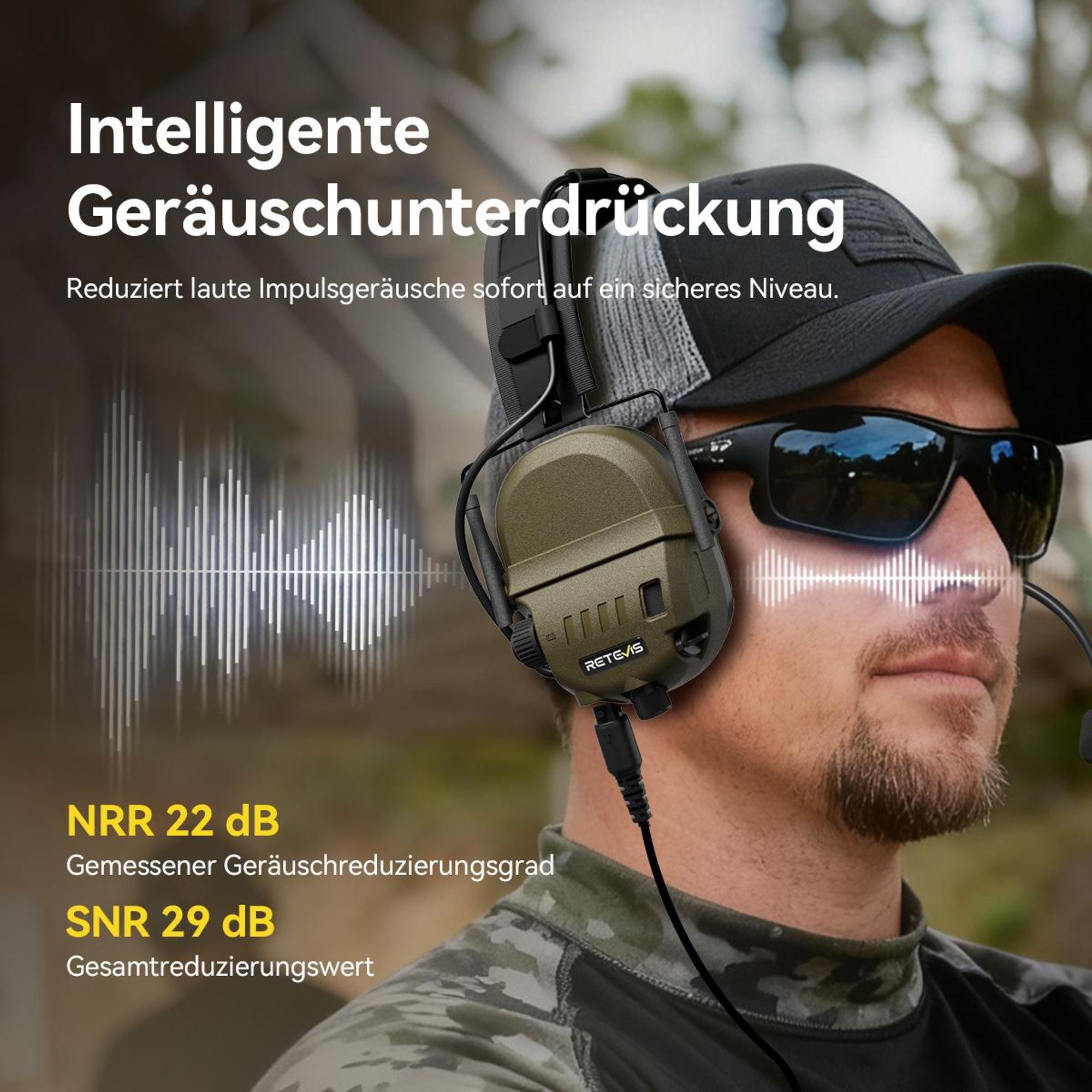 Retevis EH080K Taktisches Headset, Elektronisches Headset, intelligente Geräuschunterdrückung, IP65, Walkie-Talkie-Headset, kompatibel mit RT24