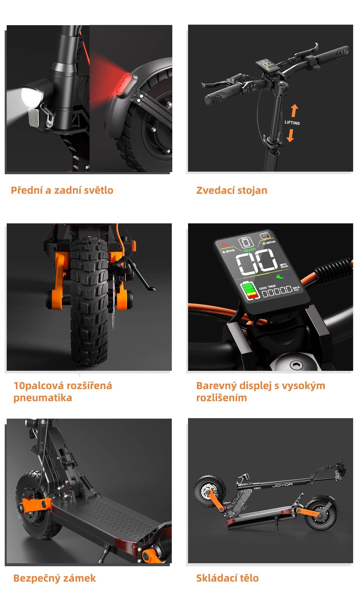 JOYOR S10-S-Z Skládací Duální Motor Elektrická koloběžka - 1000W*2 Motor 60V18AH Baterie 10 Palcové Pneumatiky - Černá