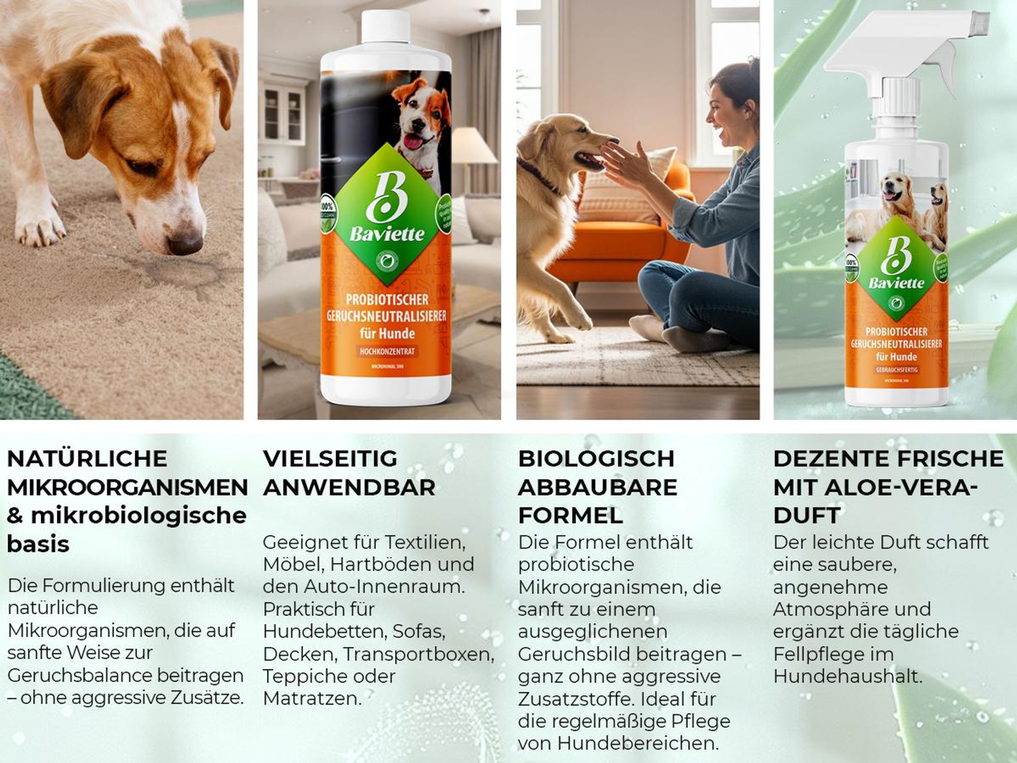 Baviette Geruchsentferner Hund 500 ml Spray – Geruchsneutralisierer mit Mikroorganismen für Hundebett, Möbel & Auto