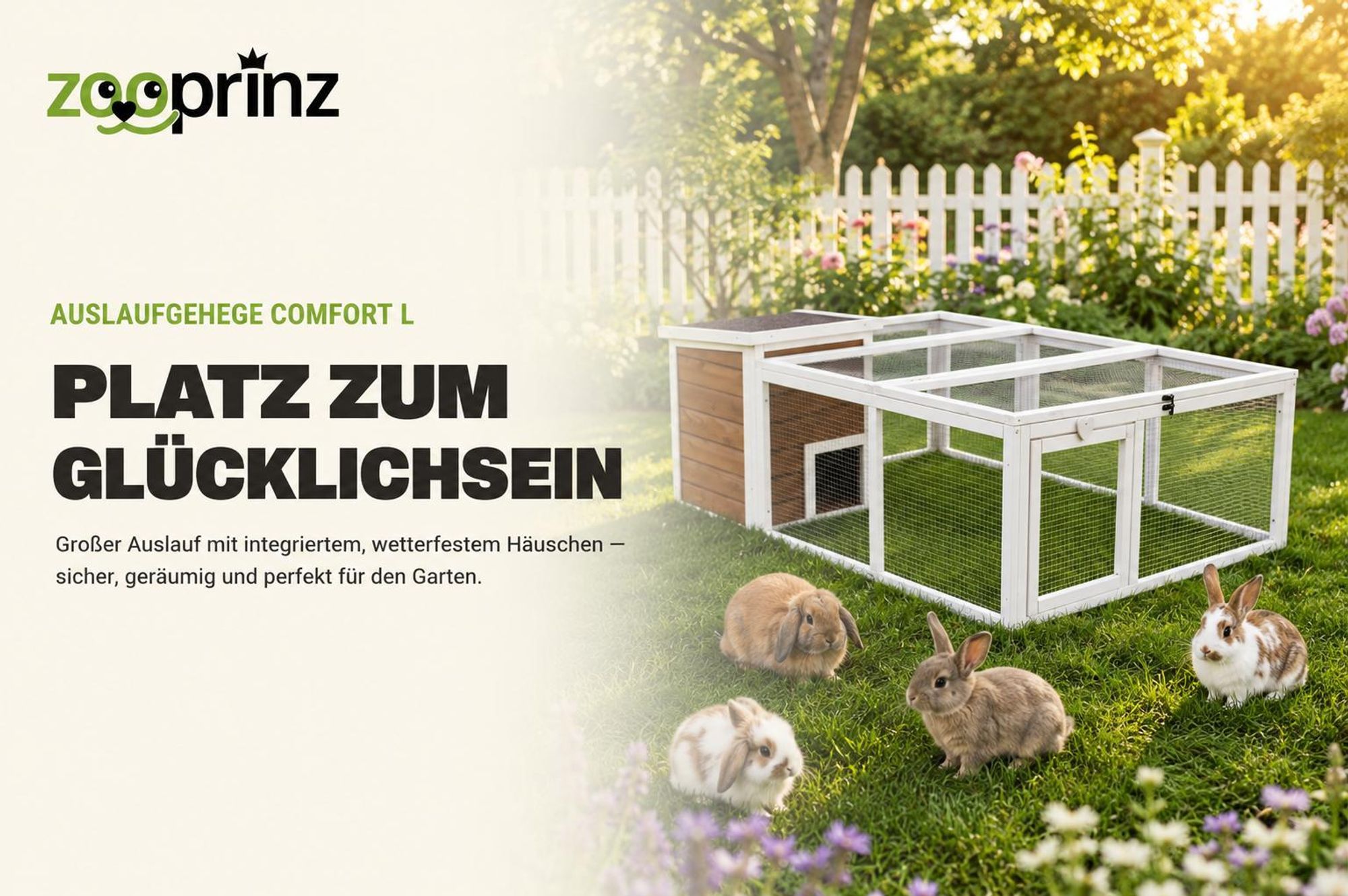 zooprinz Kaninchenstall Hasenstall Comfort L | Freilauf Auslauf Gehege | mit Haus | Wettefest | Klappdach