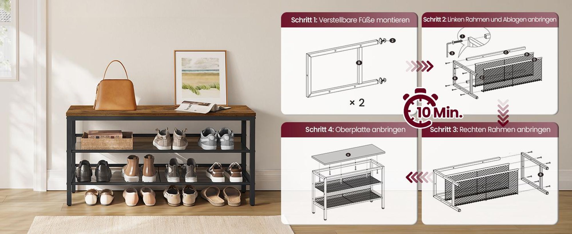 VASAGLE Sitzbank mit 3 Ebenen, Schuhregal im Industrie-Stil, für Flur, einfache Montage, braun-schwarz