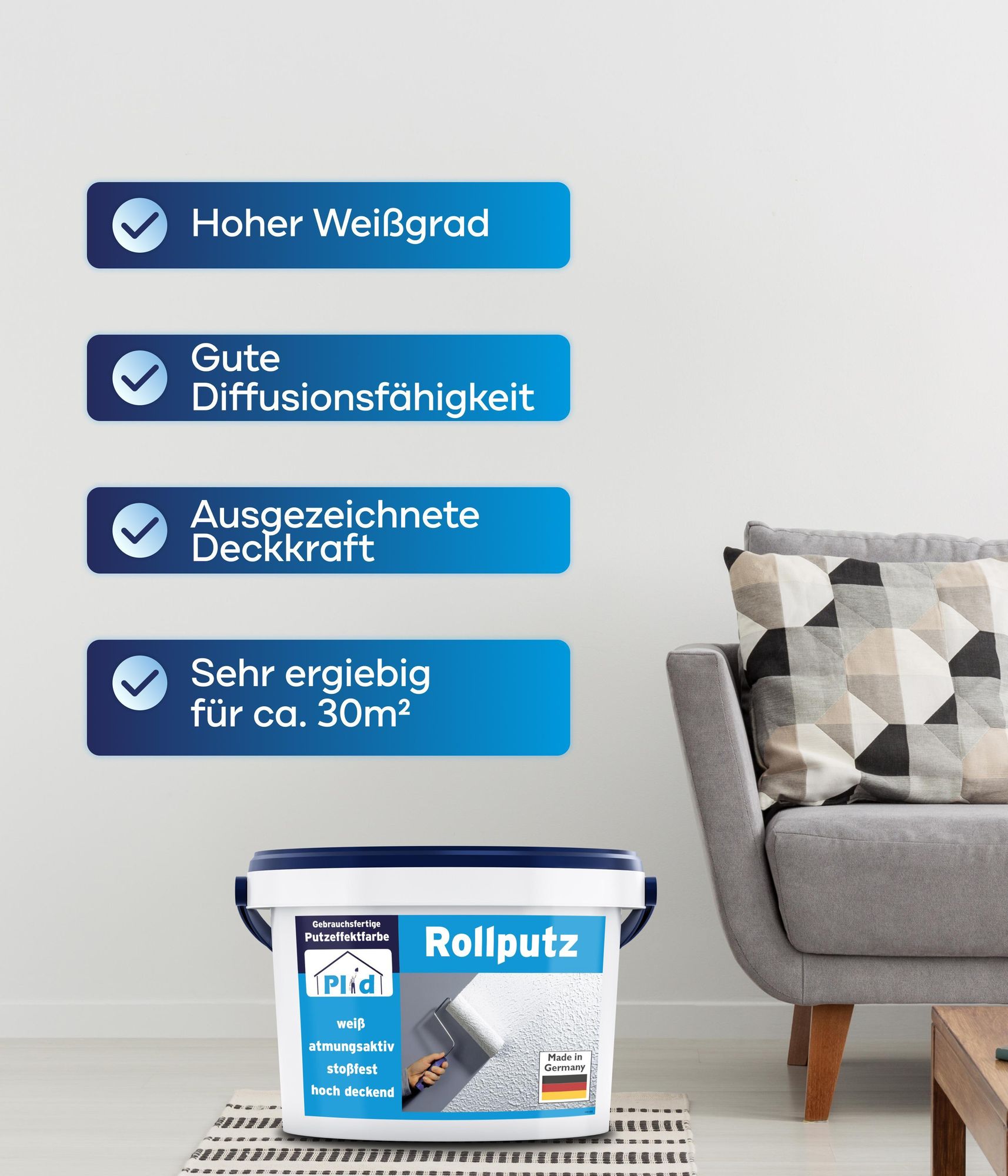 Plid® Rollputz innen & aussen fein Weiß matt [20kg] - atmungsaktiv hohe Deckkraft verarbeitungsfertig - Roll und Streichputz grob & fein - Innenputz