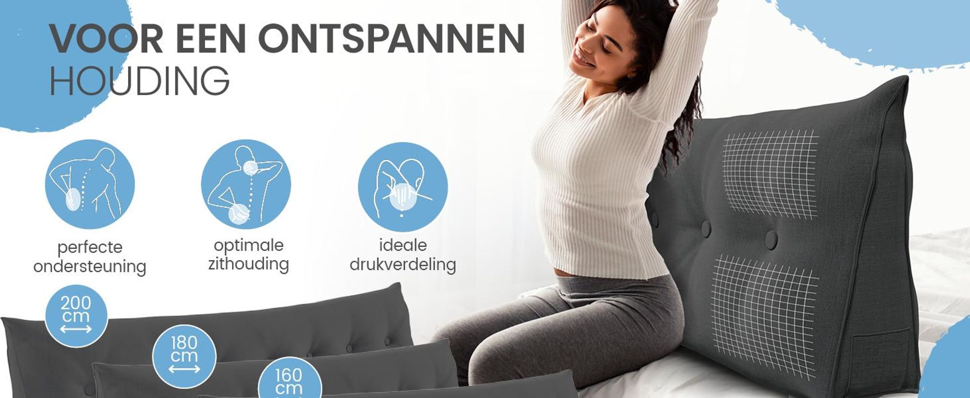 ELONEO rugkussen, 120 cm breed, geschikt als keilkussen voor bed en bank, driehoekig leeskussen, kussen met afneembare en wasbare hoes