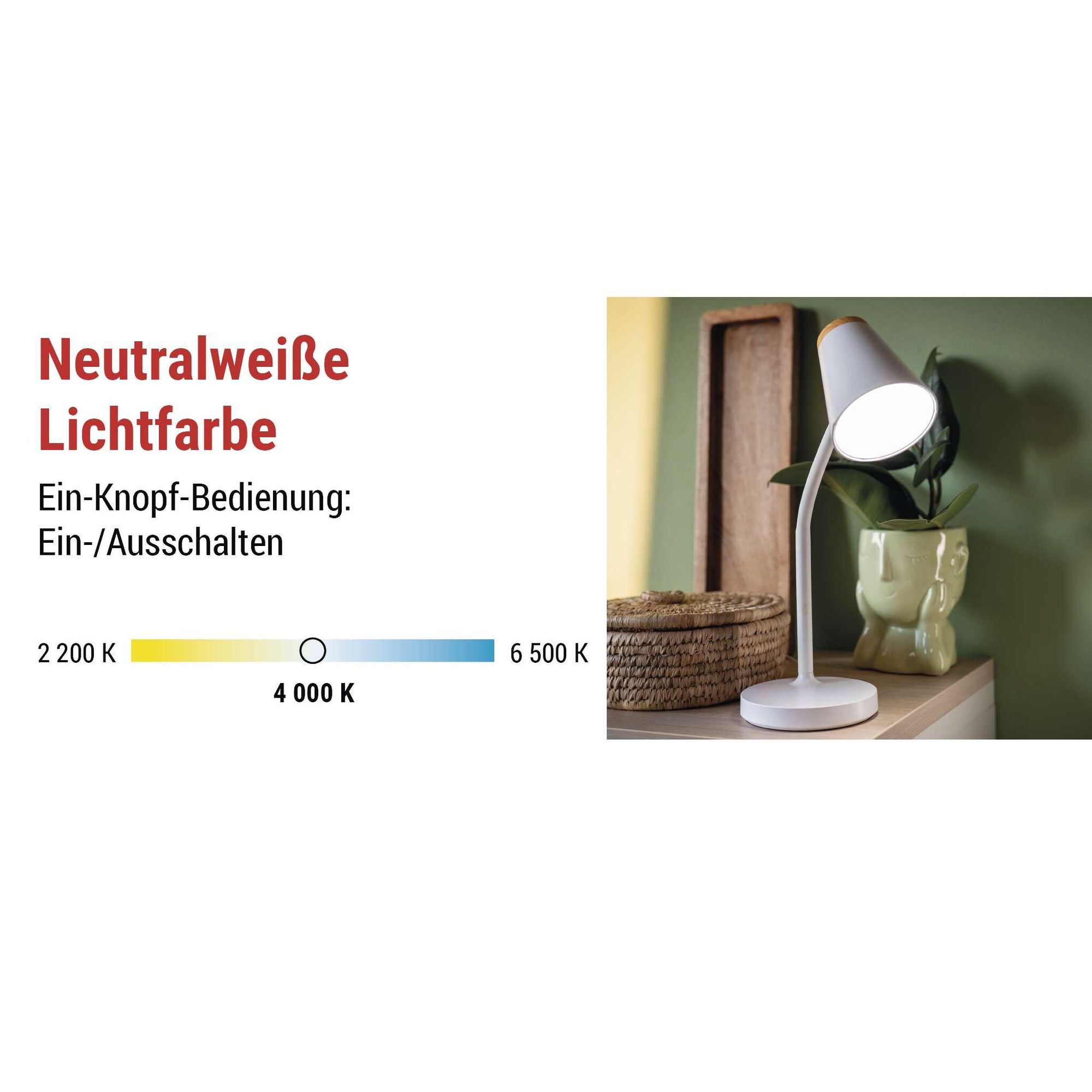 EMOS LED Tischlampe TARA 4,5 W, 280 lm, Neutralweiß 4000 K, flexibel mit Netzkabel 1,6m, Euro-Stecker, CRI Ra>85, Leuchtdauer 30000 h, Weiß, Z7641W