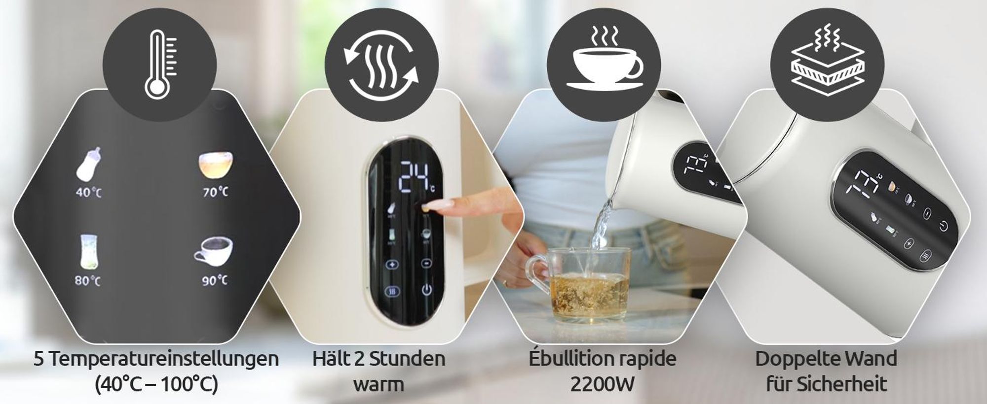 Olvy Wasserkocher Creme, Temperatureinstellung 1,7L – LCD-Display, 2200W, BPA-frei, Warmhaltefunktion, Kalkfilter, Temperaturwahl 40–100°, Edelstahl