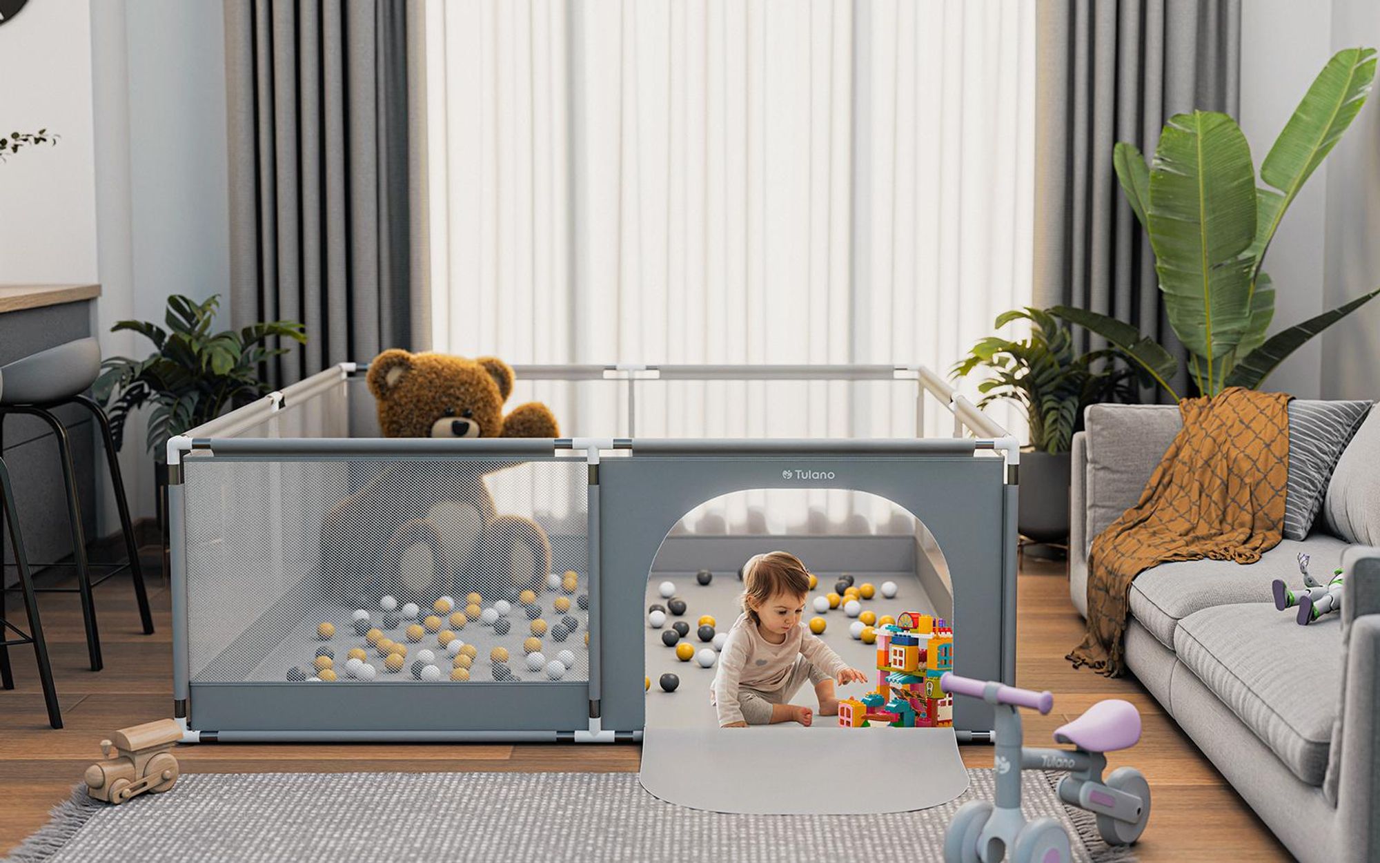 TULANO Cozy 28 | Laufgitter für Baby Kleinkinder Krabbelgitter Laufstall | Indoor Outdoor | Reißverschluss | Atmungsaktivem Netz | 180x200cm | Grau