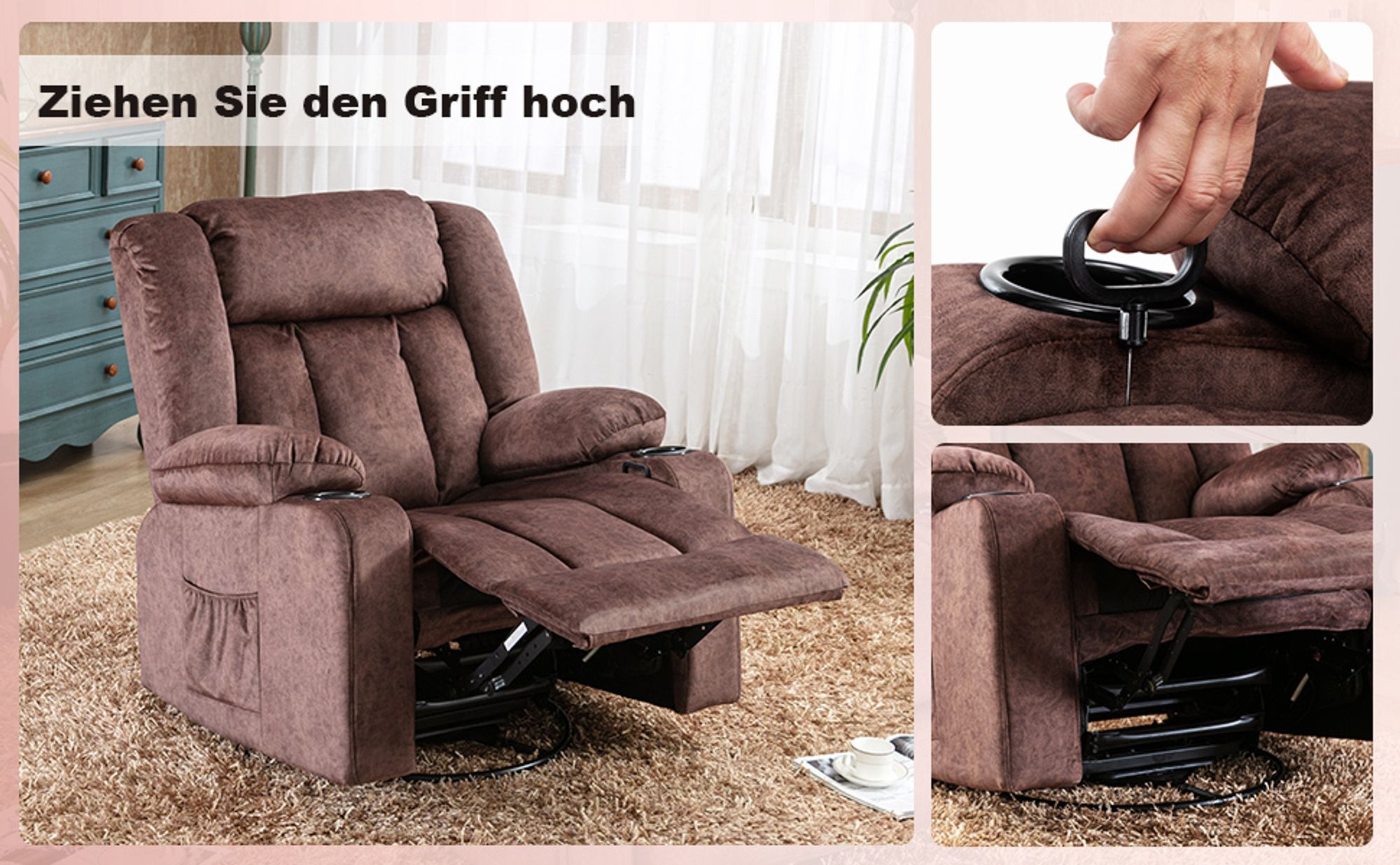 COMHOMA Relaxsessel aus Stoff mit Liegefunktion, Recliner Chair mit Wippfunktion, TV-Sessel belastbar bis 150 kg, 360° drehbar, braun