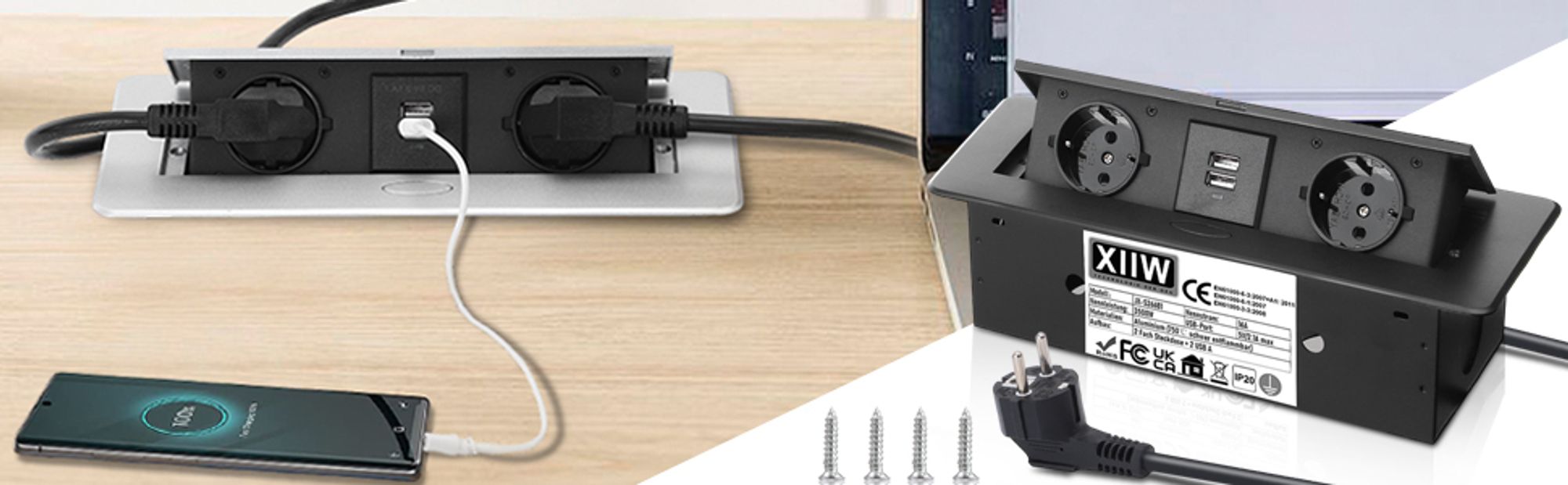 Aluminium Versenkte Einbausteckdose, 3500W/16A, 2 Fach Tischplatte Steckdose mit 2 USB, Tischsteckdose Mehrfachsteckdose für Arbeitsplatte Küche Büro