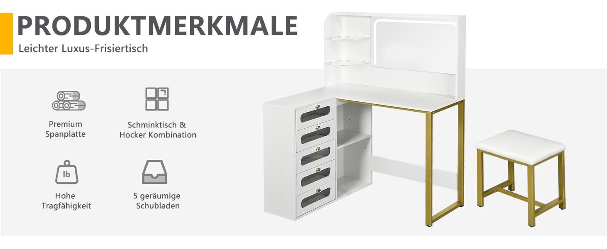 INONEFT Schminktisch mit LED-Beleuchtung, einstellbare Helligkeit, mit 5 Schubladen, mit 1 Hocker
