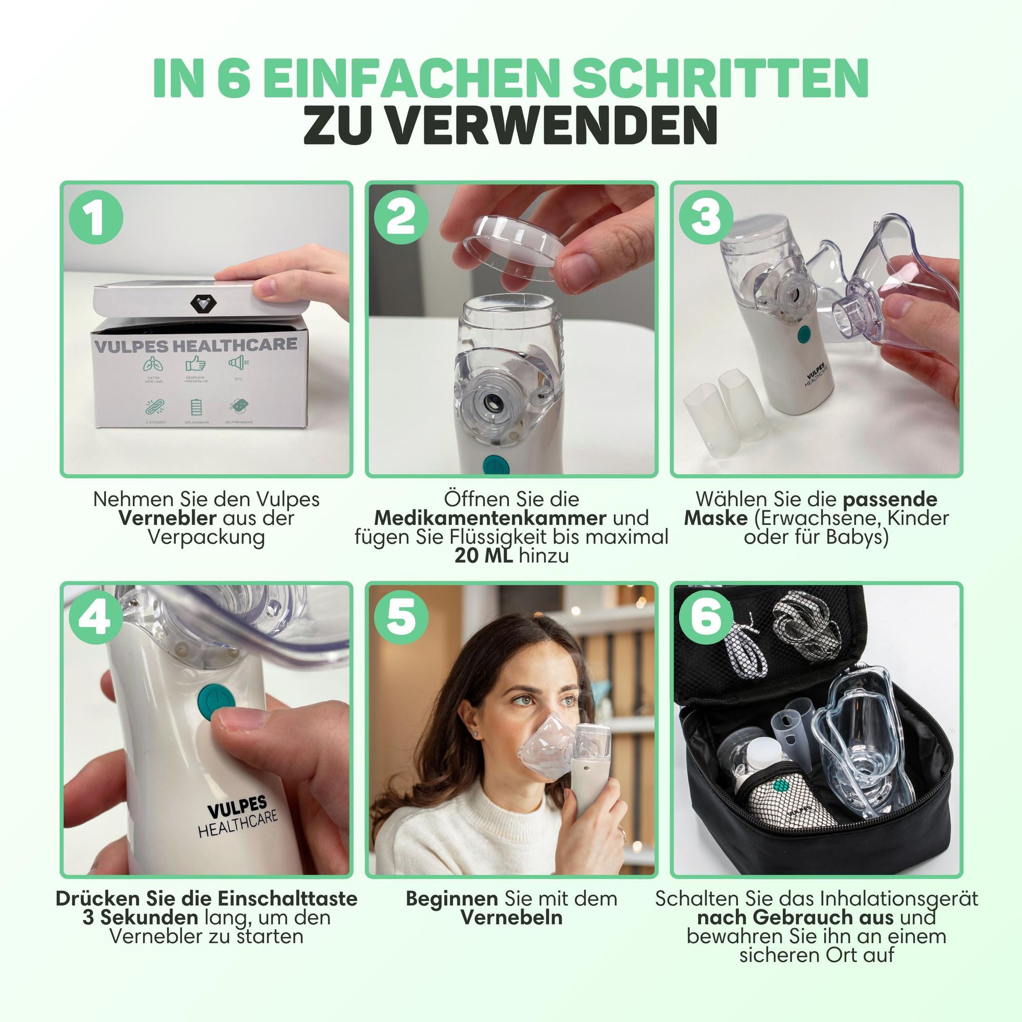 Vulpes Goods Tragbarer Inhalator-Vernebler, wiederaufladbarer leiser Vernebler, tragbare Mini-Inhalatoren, tragbarer Luftbefeuchter für Atemprobleme bei Kindern und Erwachsenen, Inkl. 3 Mundstücke und Reisetasche