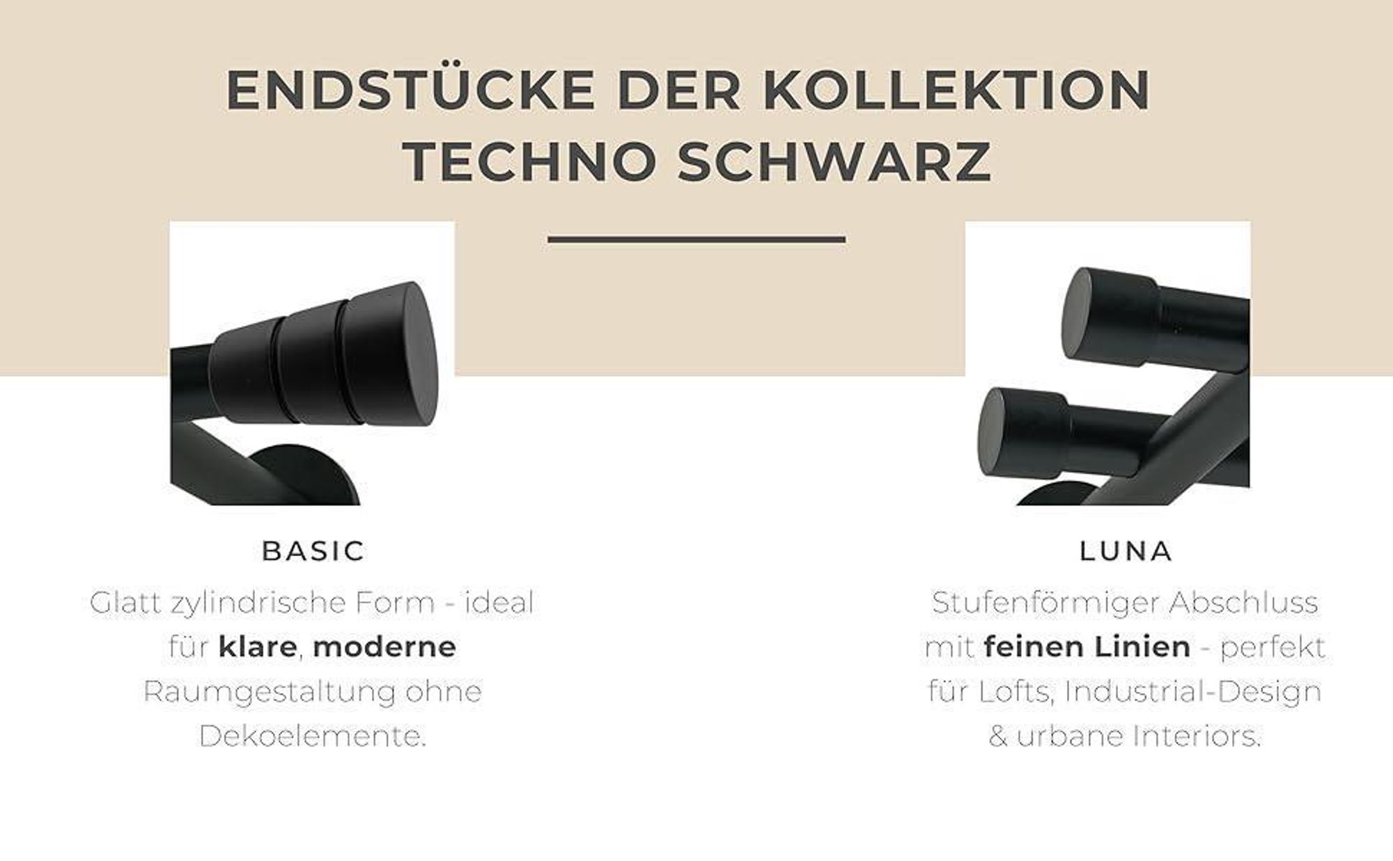 Techno 120 cm Einzelne Gardinenstange Schwarz 19 mm aus Metall mit Endstück Basic Komplettset mit Ringen und Clips Inklusive Montagezubehörset