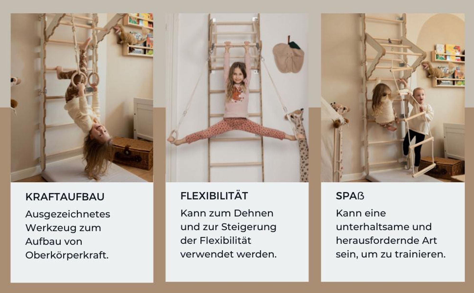 Gymnastik-Sprossenwand für Kinder (210 cm), Wandmontierte Trainingsleiter, Strickleiter für Kinder, Holz-Spielplatz für Zuhause, Turnringe