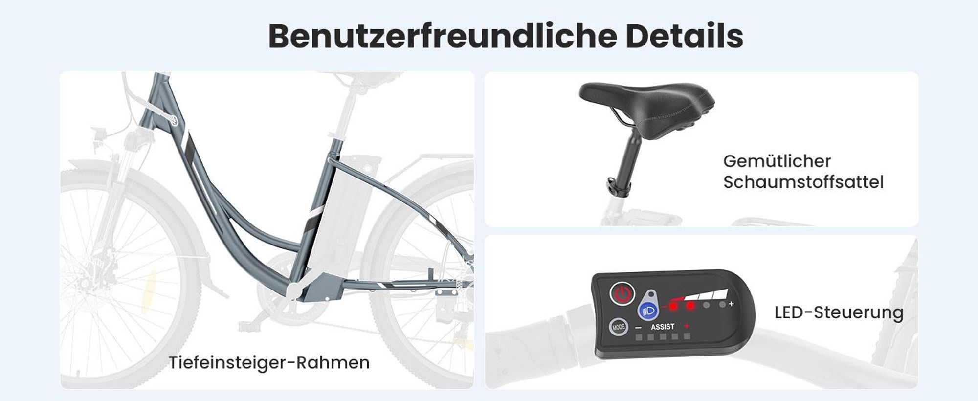 Touroll B1 E-Bike 250W, 90 km Reichweite, Shimano 7-Gang, 100 mm Federgabel, 25 km/h, Tiefeinsteiger