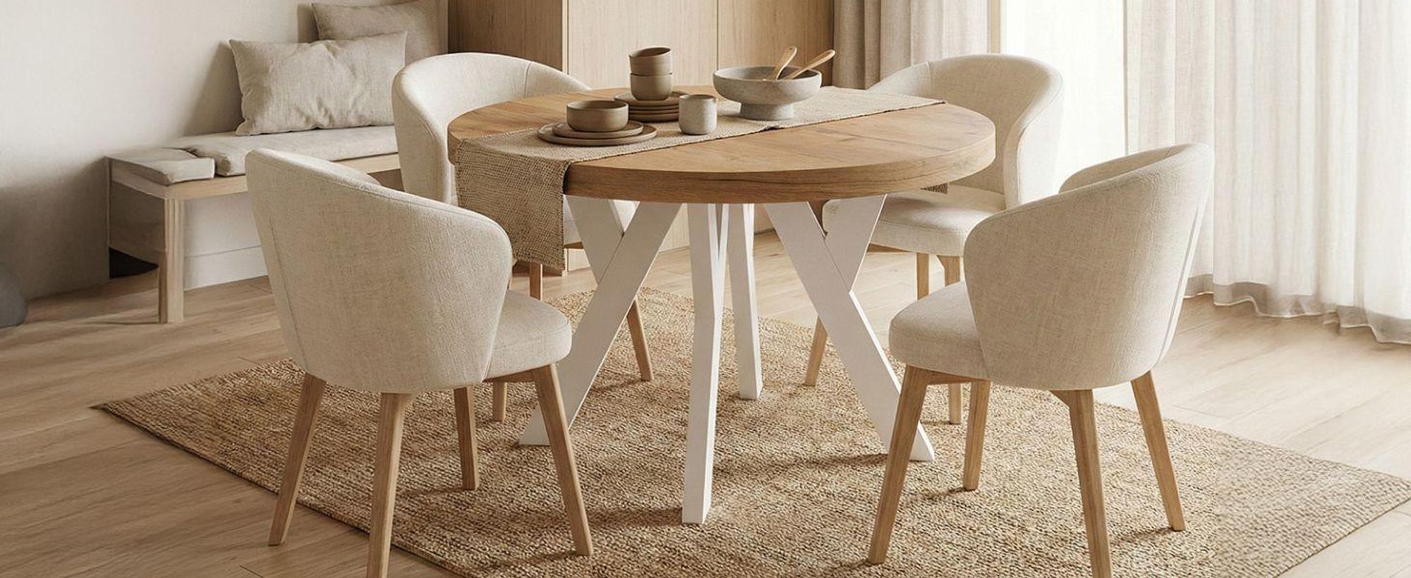 Runder Ausziehbarer Tisch für Esszimmer, PERO, Loft-Stil, Skandinavische, Durchmesser: 100 / 150 cm, Farbe: Eiche Lefkas / Weiß