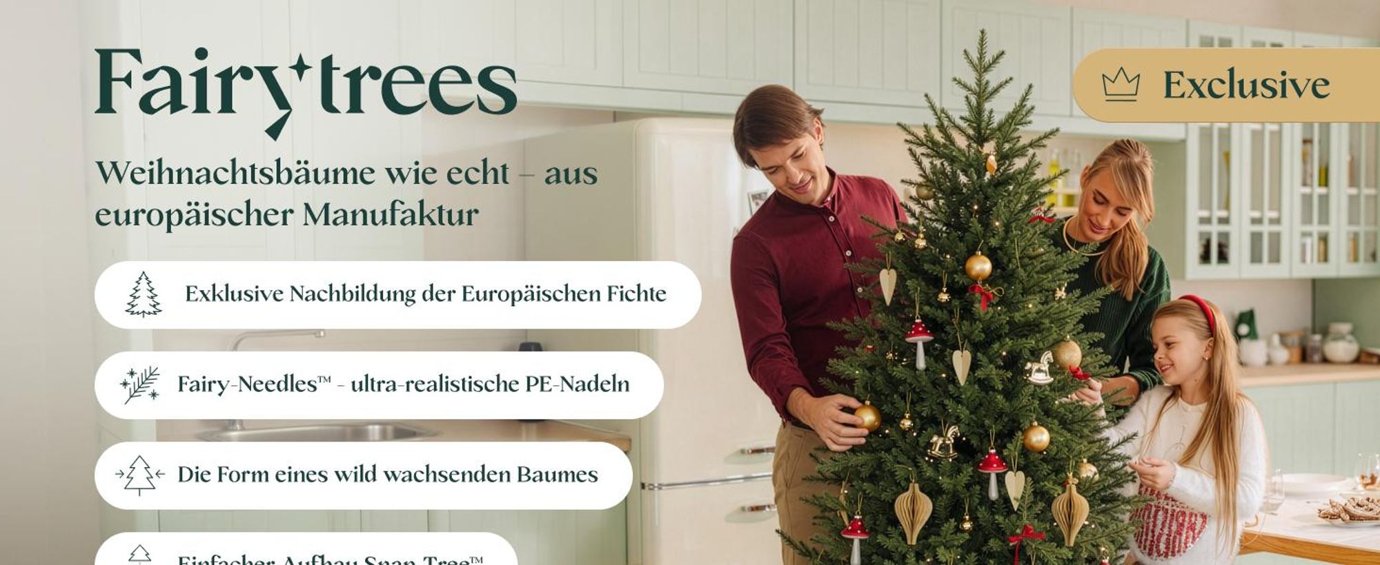FAIRYTREES Künstlicher Pop-Up Weihnachtsbaum Spritzguss 220 cm dunkelgrün | Wilde europäische Fichte, handgefertigt in Europa 100% PE | Tannenbaum Breite Form, mit Holzständer | Modell: FT02