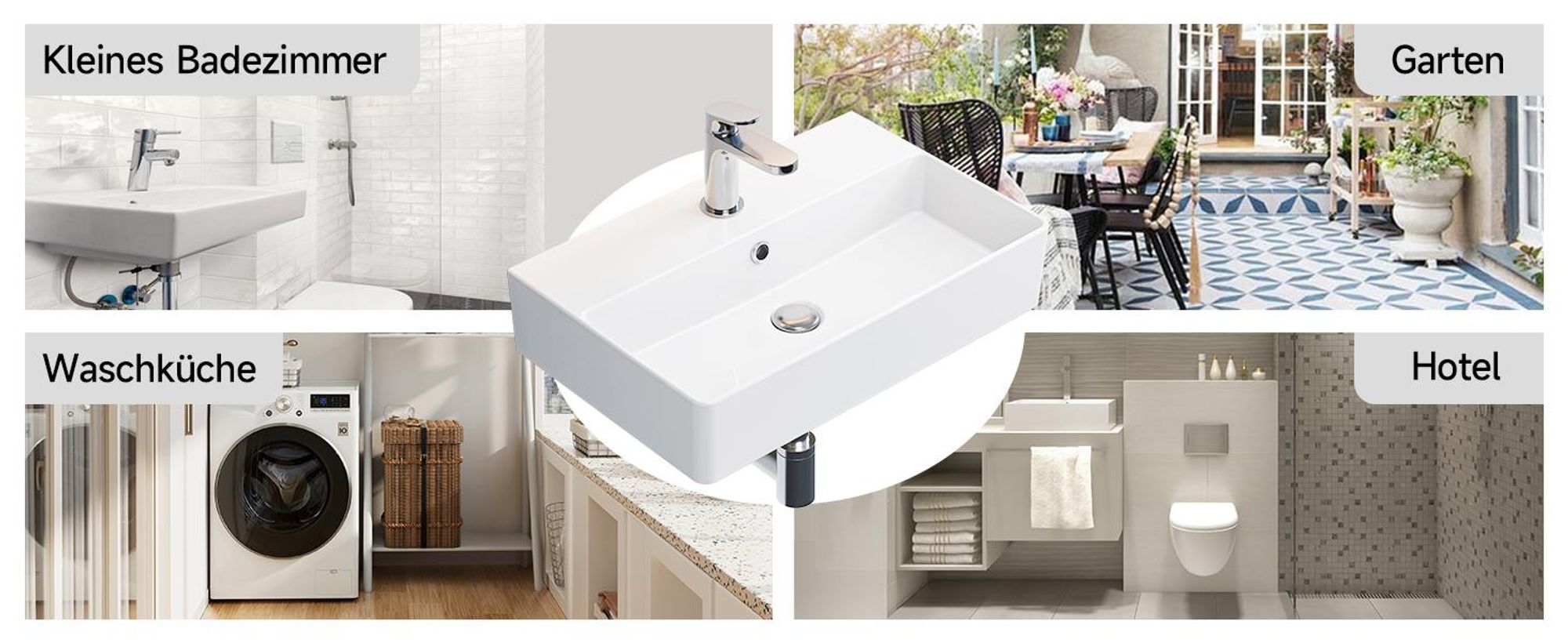 HOROW Waschbecken Wandmontage Waschtisch 56 x 36cm Keramik Hängewaschbecken Rechteckig Aufsatzwaschbecken mit Hahnloch und Überlauf für Klein Gäste WC
