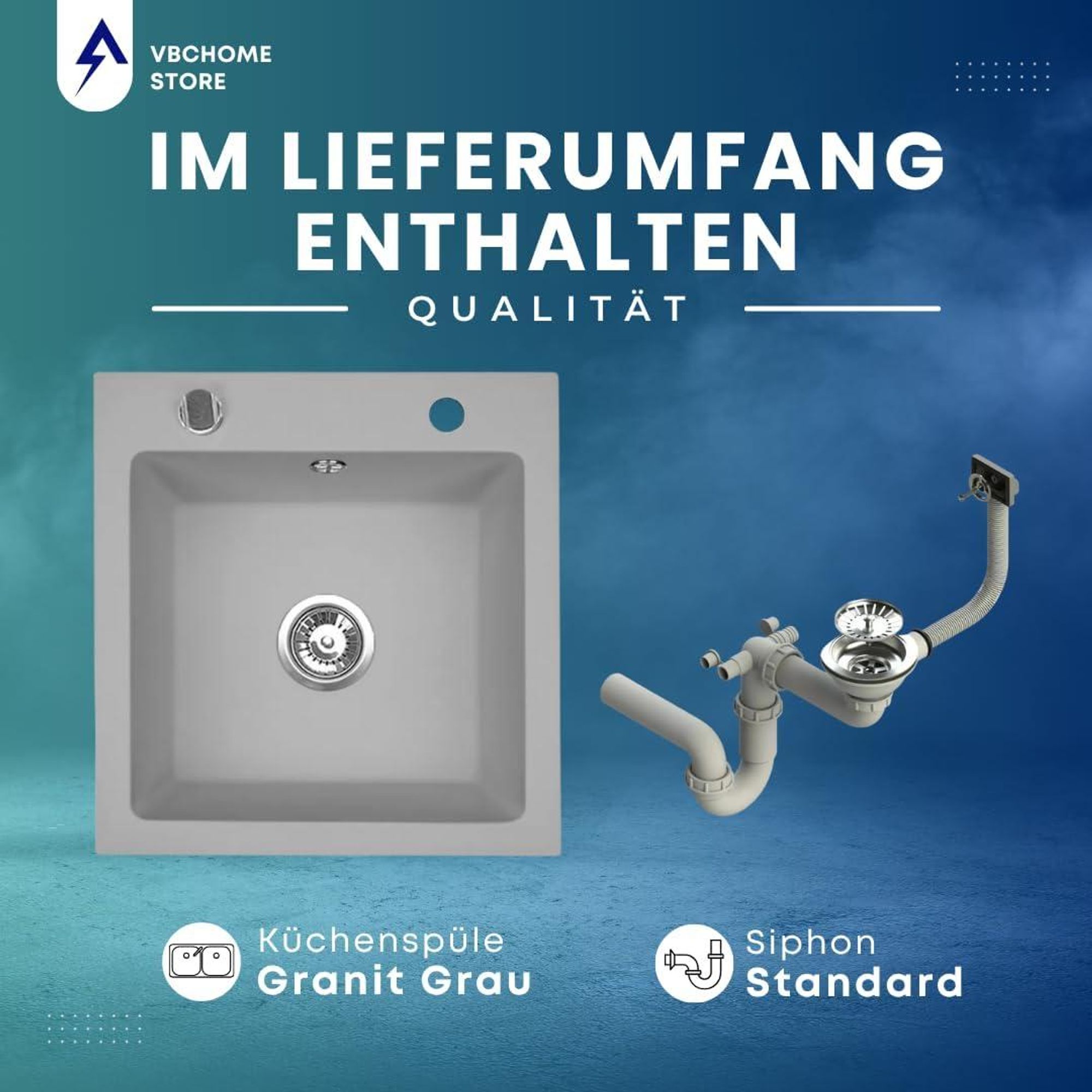VBChome Granitspüle 50 x 48 cm Grau Einzelbecken Einbauspüle Gesprenkelt Pflegeleichtes Spülbecken mit Siphon Ideal für kleine Küchen