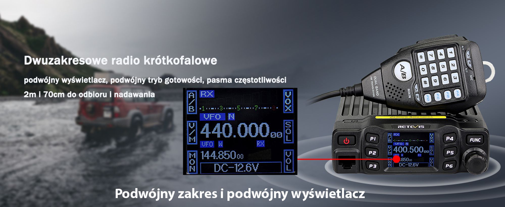 Retevis RT95 Mini urządzenie mobilne Dwuzakresowe radio amatorskie 200 kanałów 5W/15W/25W DTMF 5-tonowy nadajnik samochodowy (czarny)