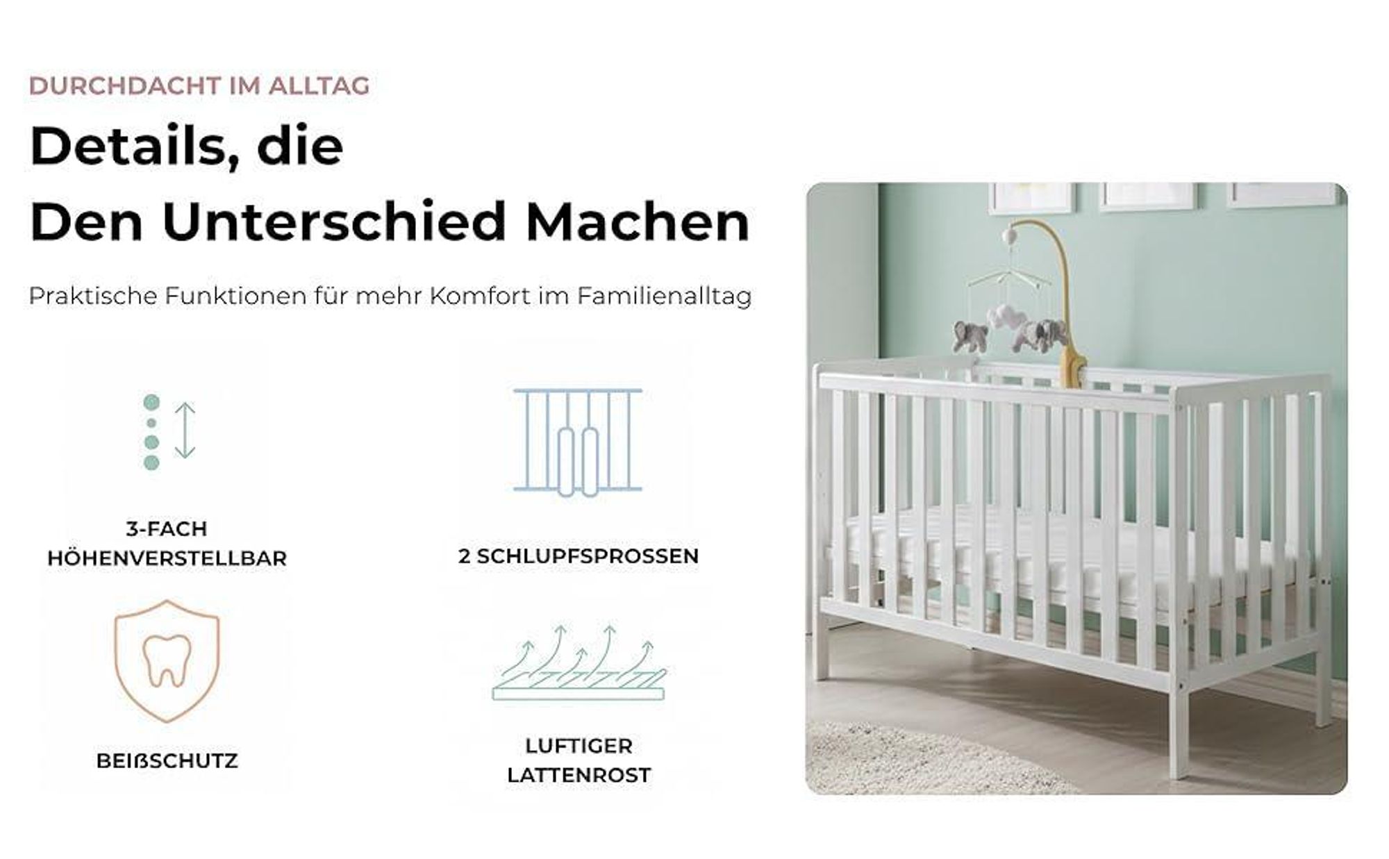ZEE BAMBI Kaschmir Babybett 120x60 cm 2in1 mit Umbaubarriere Klassisches Gitterbett 3-Fach Höhenverstellbar Kinderbett mit Beißschutz