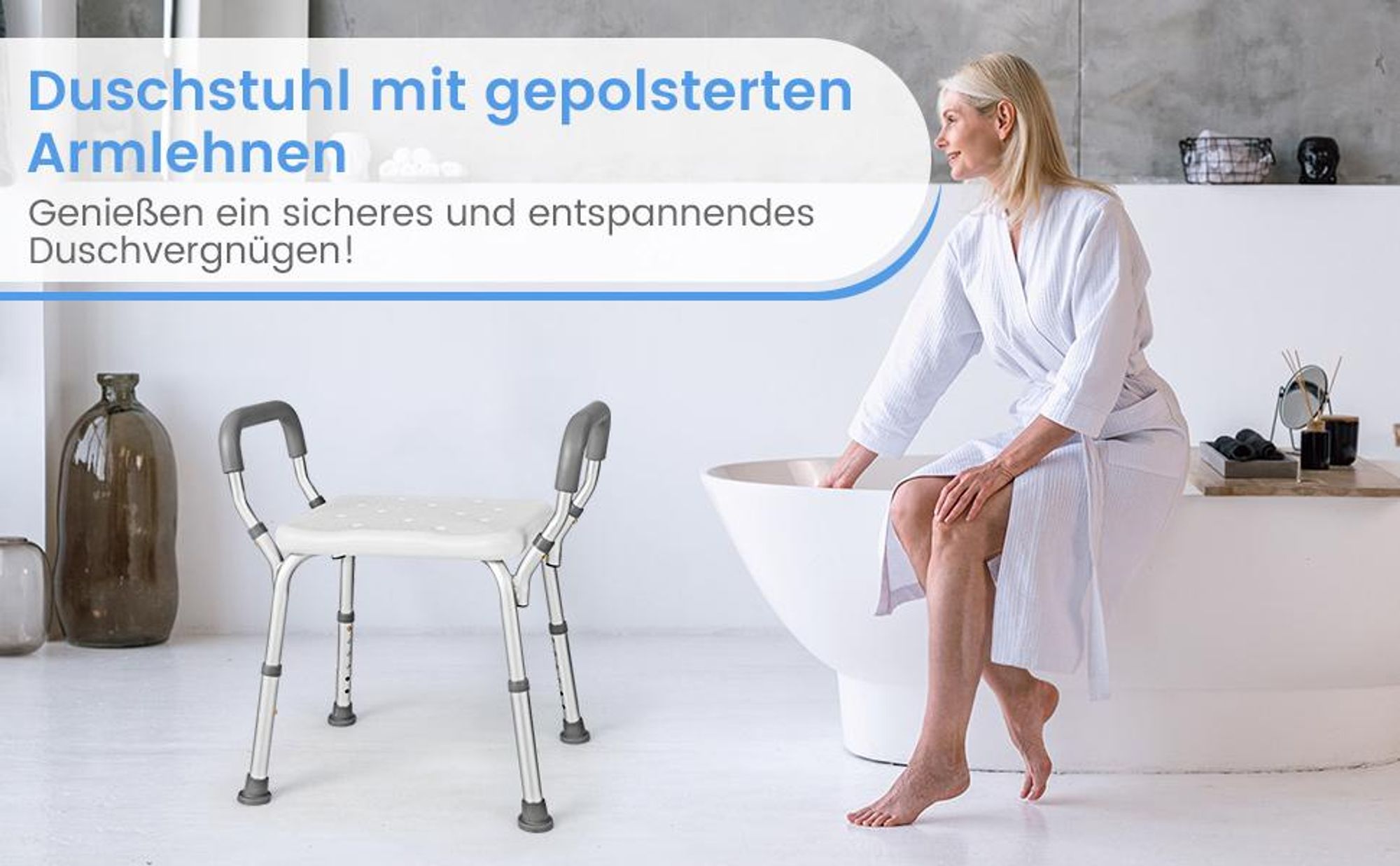 COSTWAY Duschbank mit abnehmbaren, gepolsterten Armlehnen & rutschfesten Gummifüßen, 6-stufig höhenverstellbarer Badehocker, medizinischer Duschstuhl