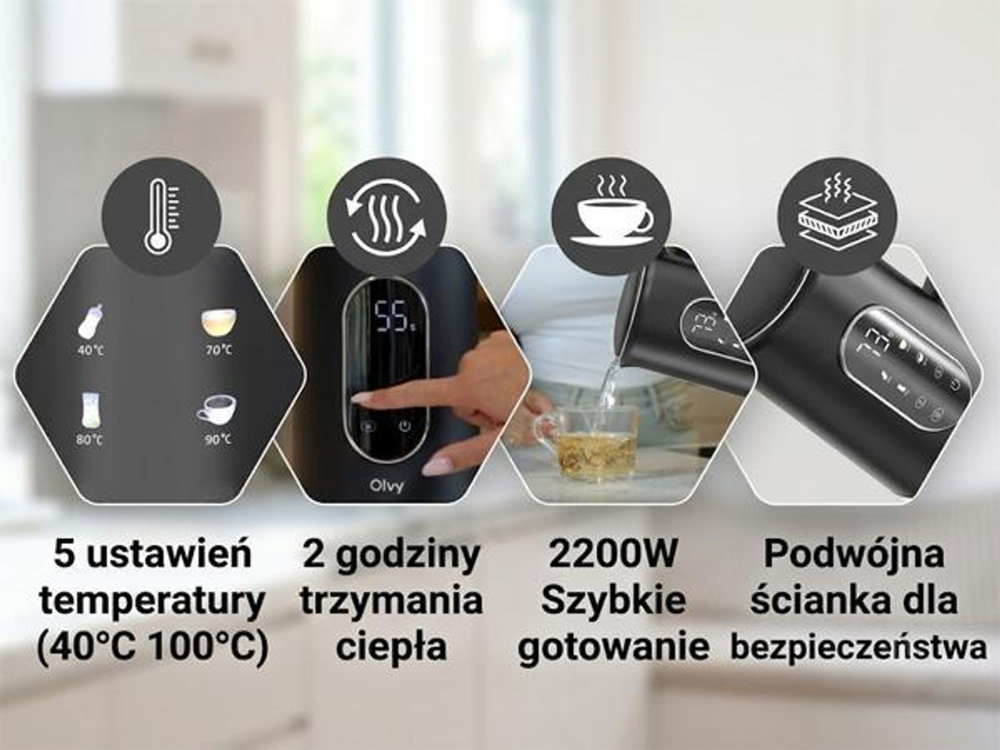 Czajnik Olvy z ustawieniem temperatury 1,7 l - wyświetlacz LCD, 2200 W, bez BPA, funkcja utrzymywania ciepła, filtr antywapienny, wybór temperatury 40-100°, stal nierdzewna