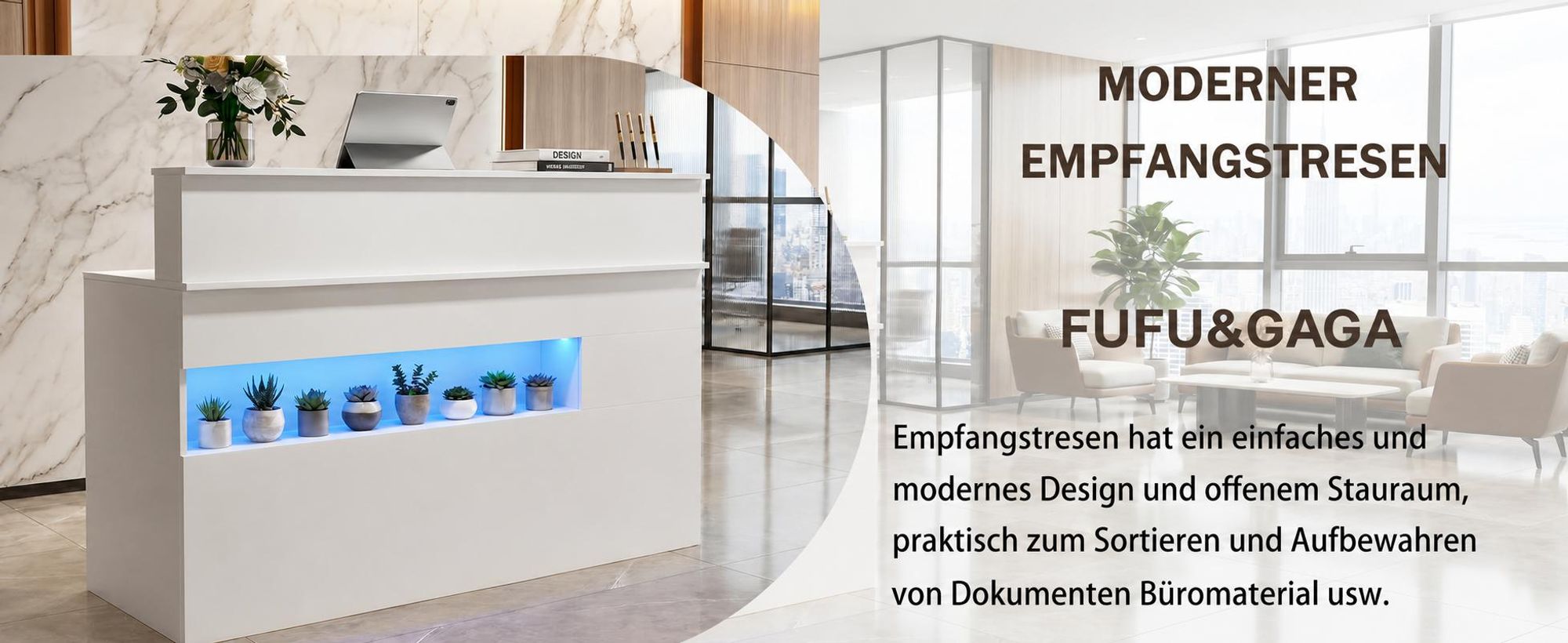 Empfangstheke mit LED-Beleuchtung, Rezeptionstresen mit Tastaturschublade, Große Empfangstheken, Weiß, MDF, 120 x 100 x 50 cm