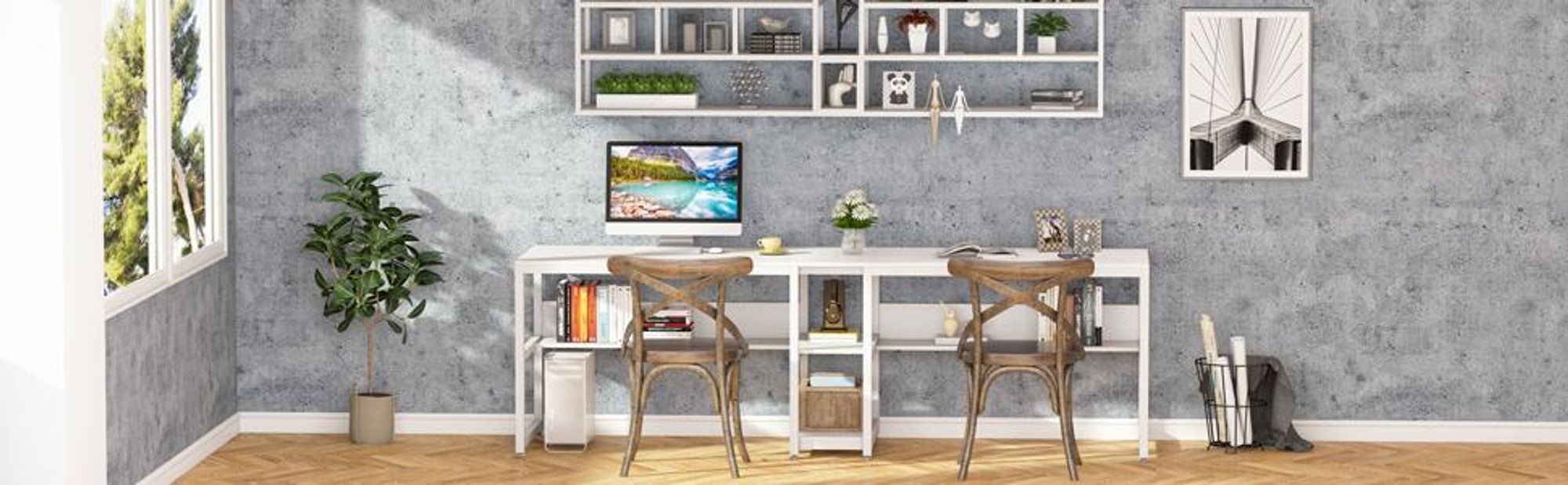 Tribesigns Zwei-Personen-Schreibtisch mit Bücherregal, 200 cm Computer-Bürotisch für zwei Personen, rustikaler Schreibtisch mit Ablage, weiß