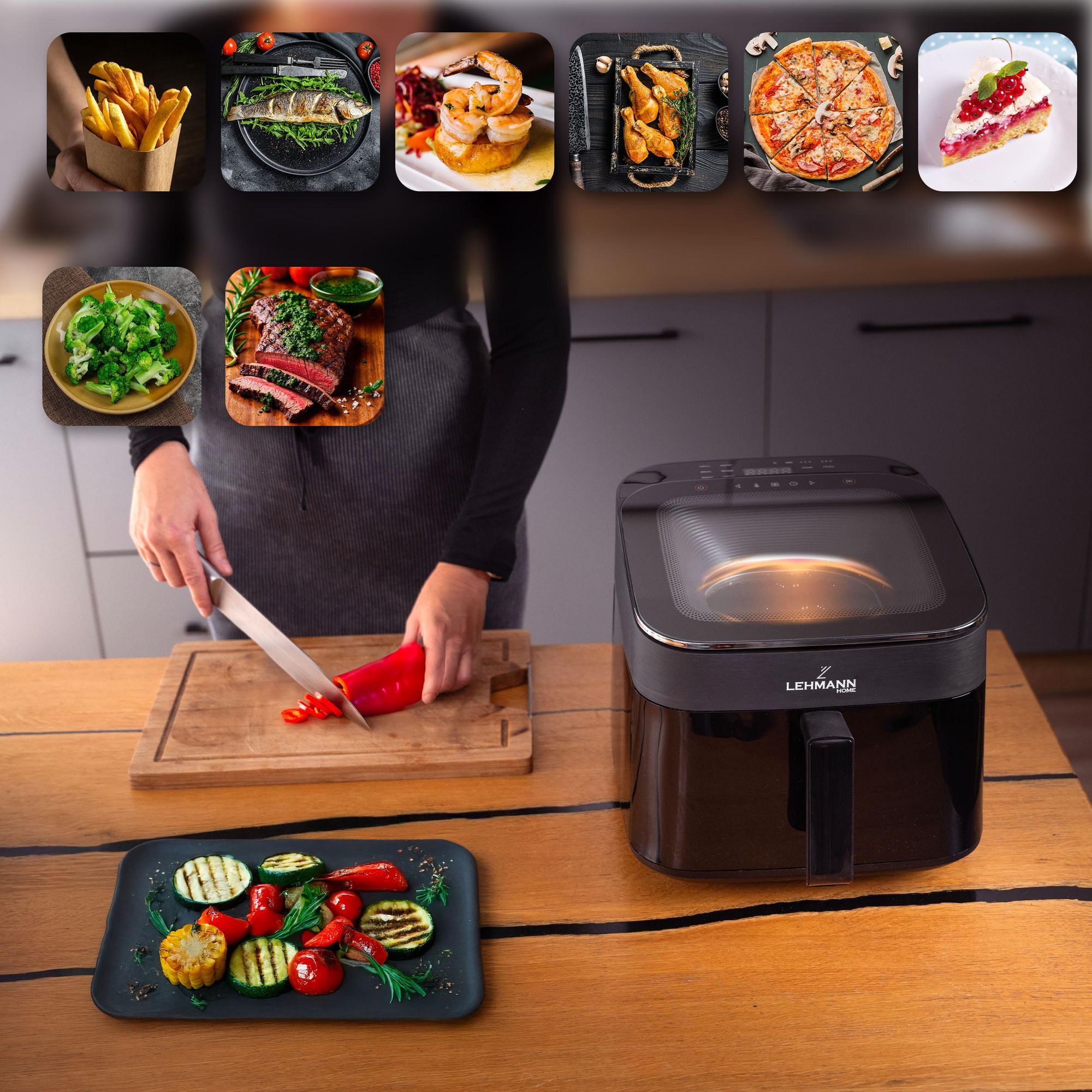 Frytkownica beztłuszczowa frytownica Airfryer LEHMANN TONALI z górnym okienkiem podglądu 6,5L, 1700W, panel z wyświetlaczem LED