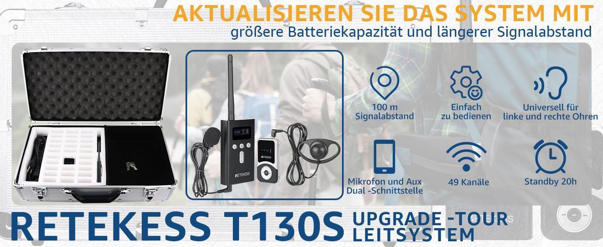 Retekess T130S Wireless Tour Guide System,Personenführungsanlage mit 100M, Reiseführungssystem, mit Tragbarer Ladebox mit 32 Steckplätzen